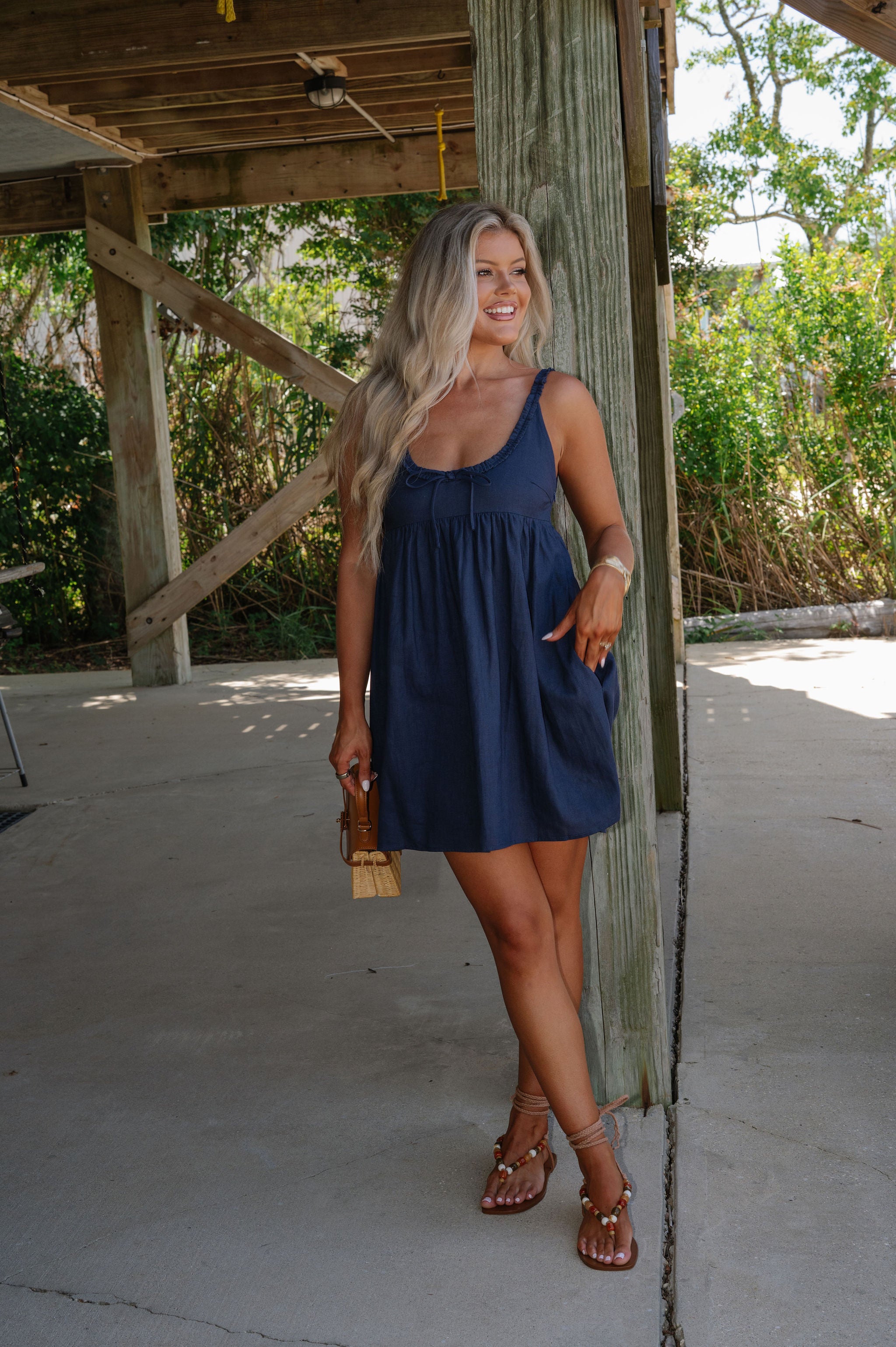 Ethel Babydoll Tie Mini Dress-Navy