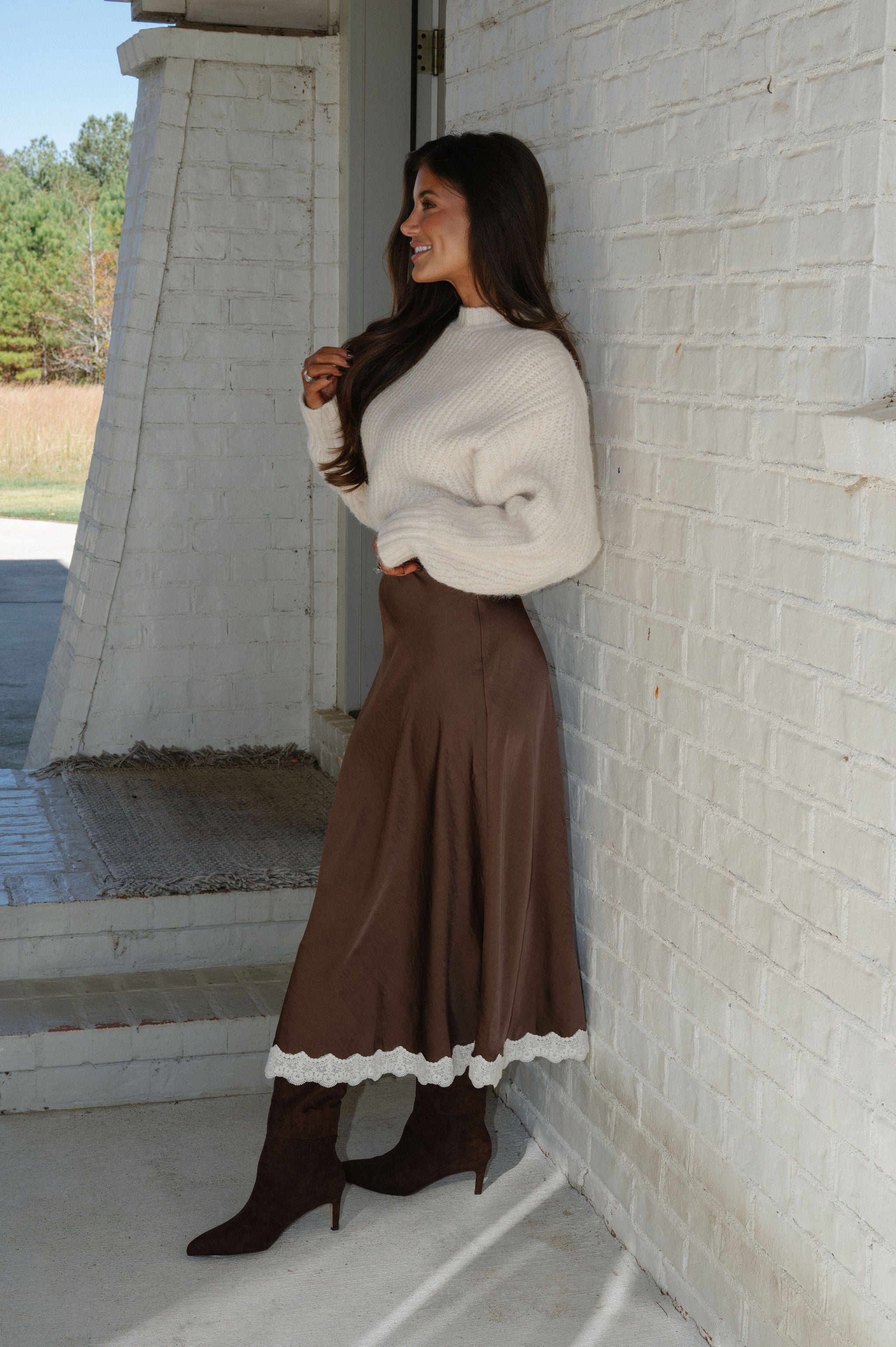 Lace Trimmed Midi Skirt-Dark Brown
