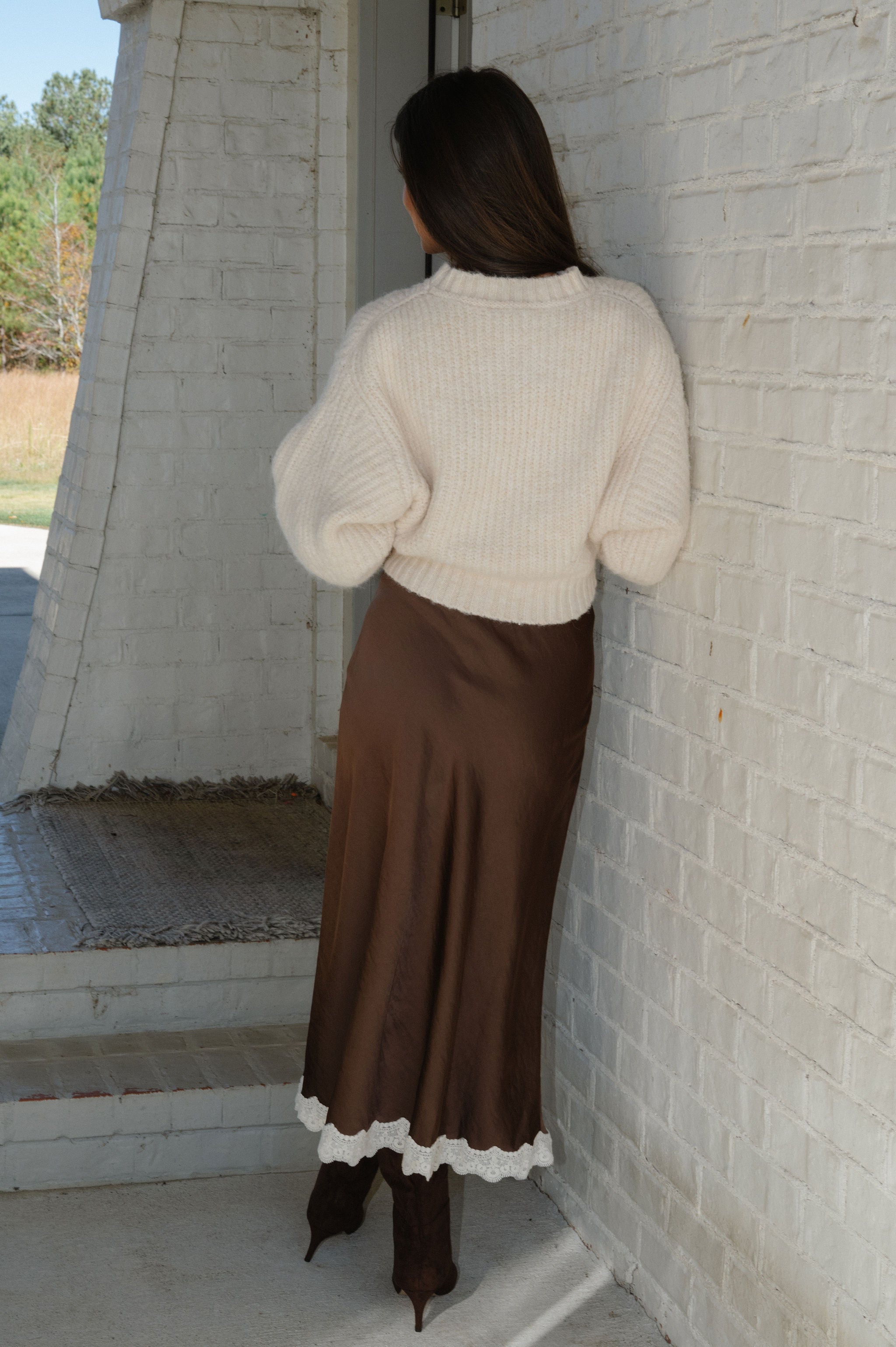 Lace Trimmed Midi Skirt-Dark Brown