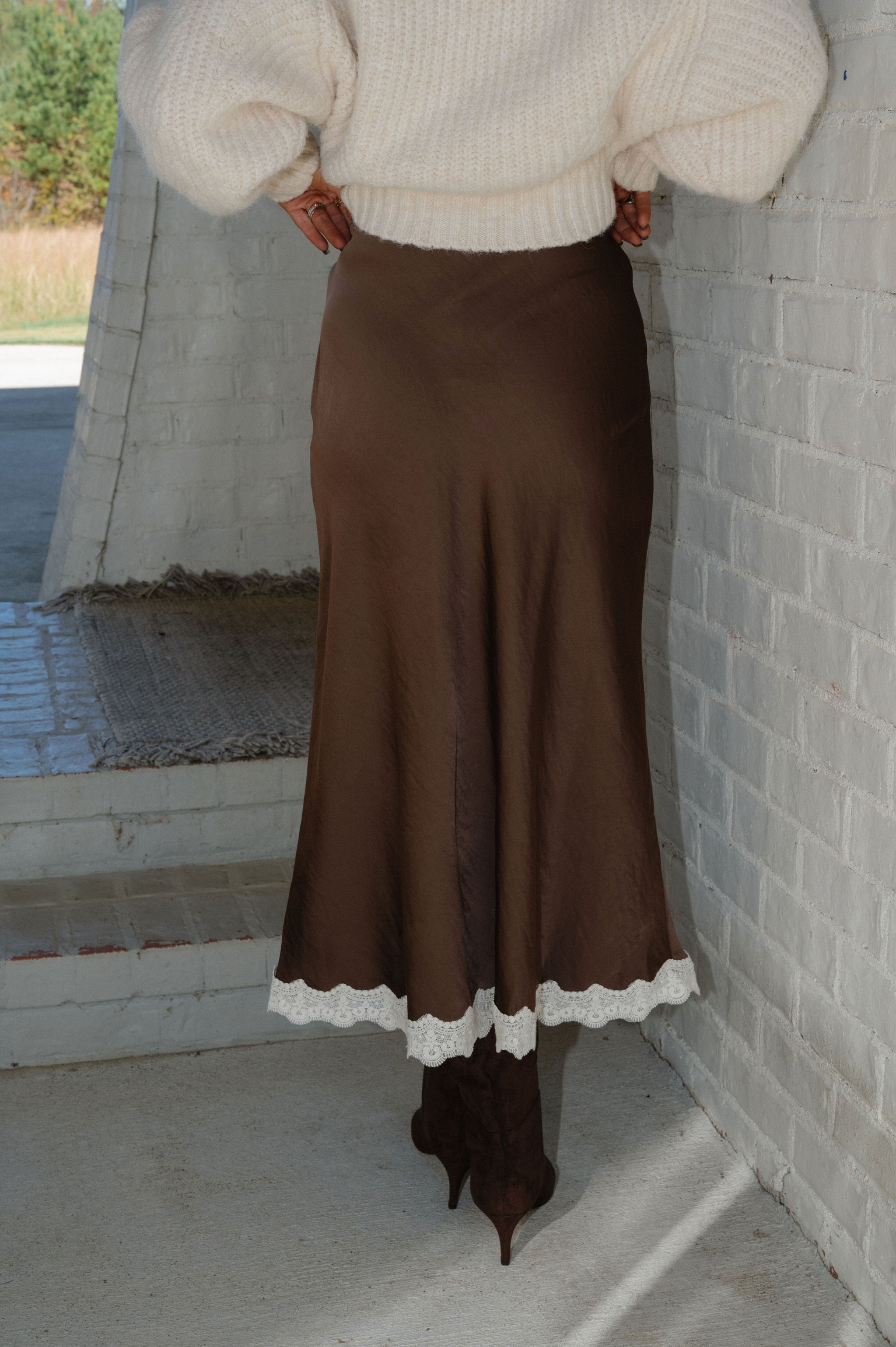 Lace Trimmed Midi Skirt-Dark Brown