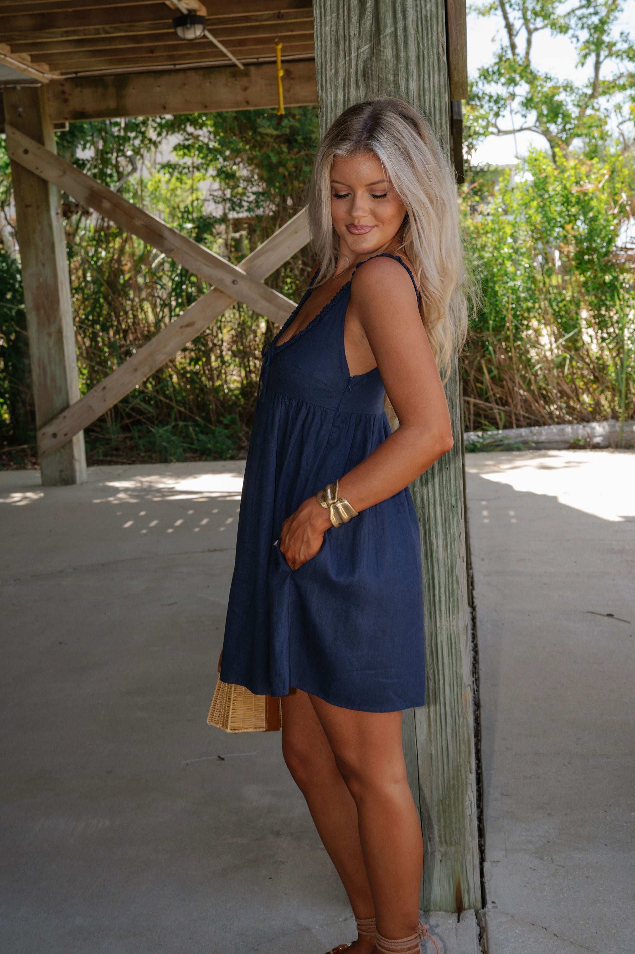 Ethel Babydoll Tie Mini Dress-Navy