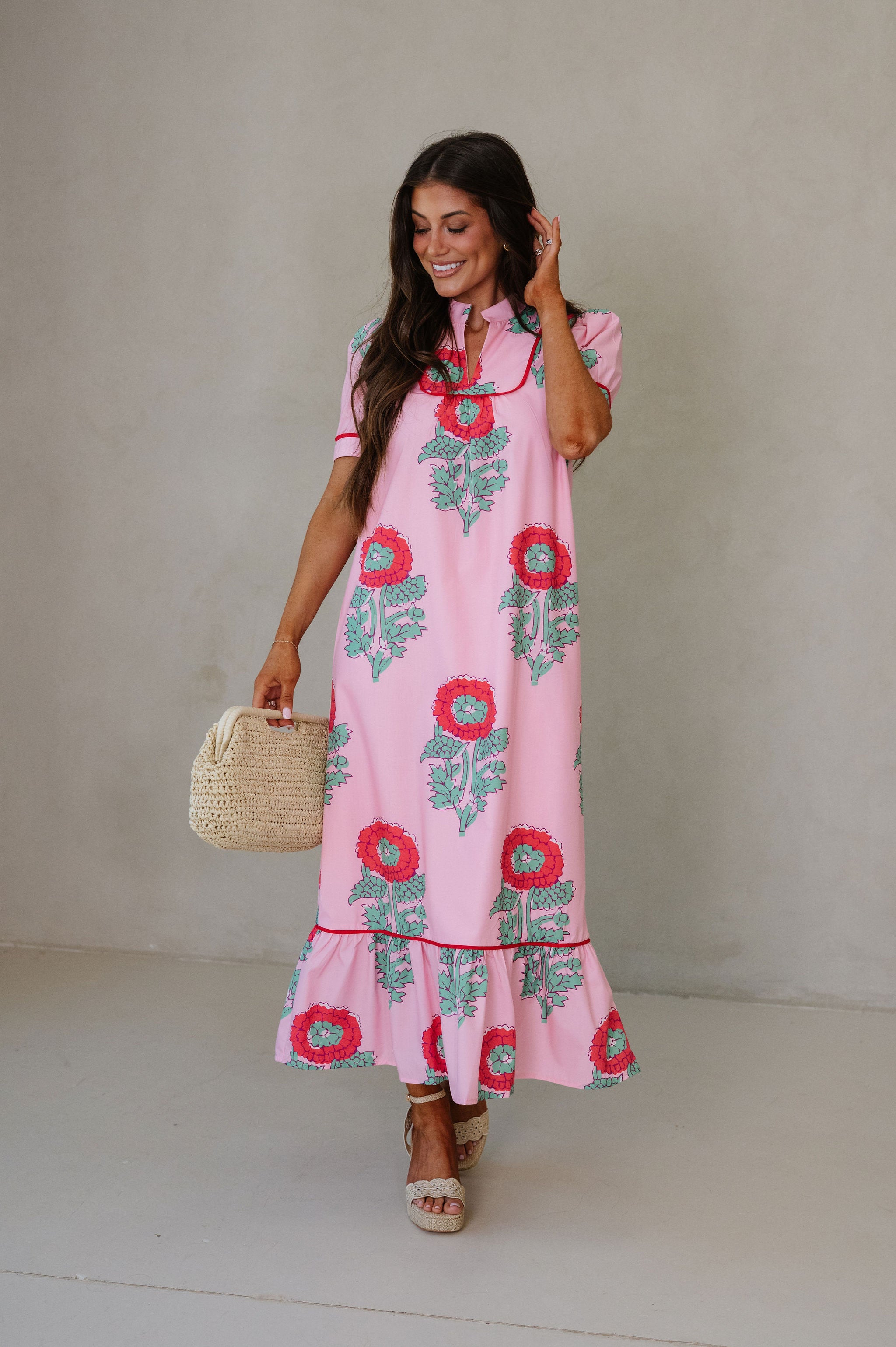 Presley Floral Midi Dress-Pink