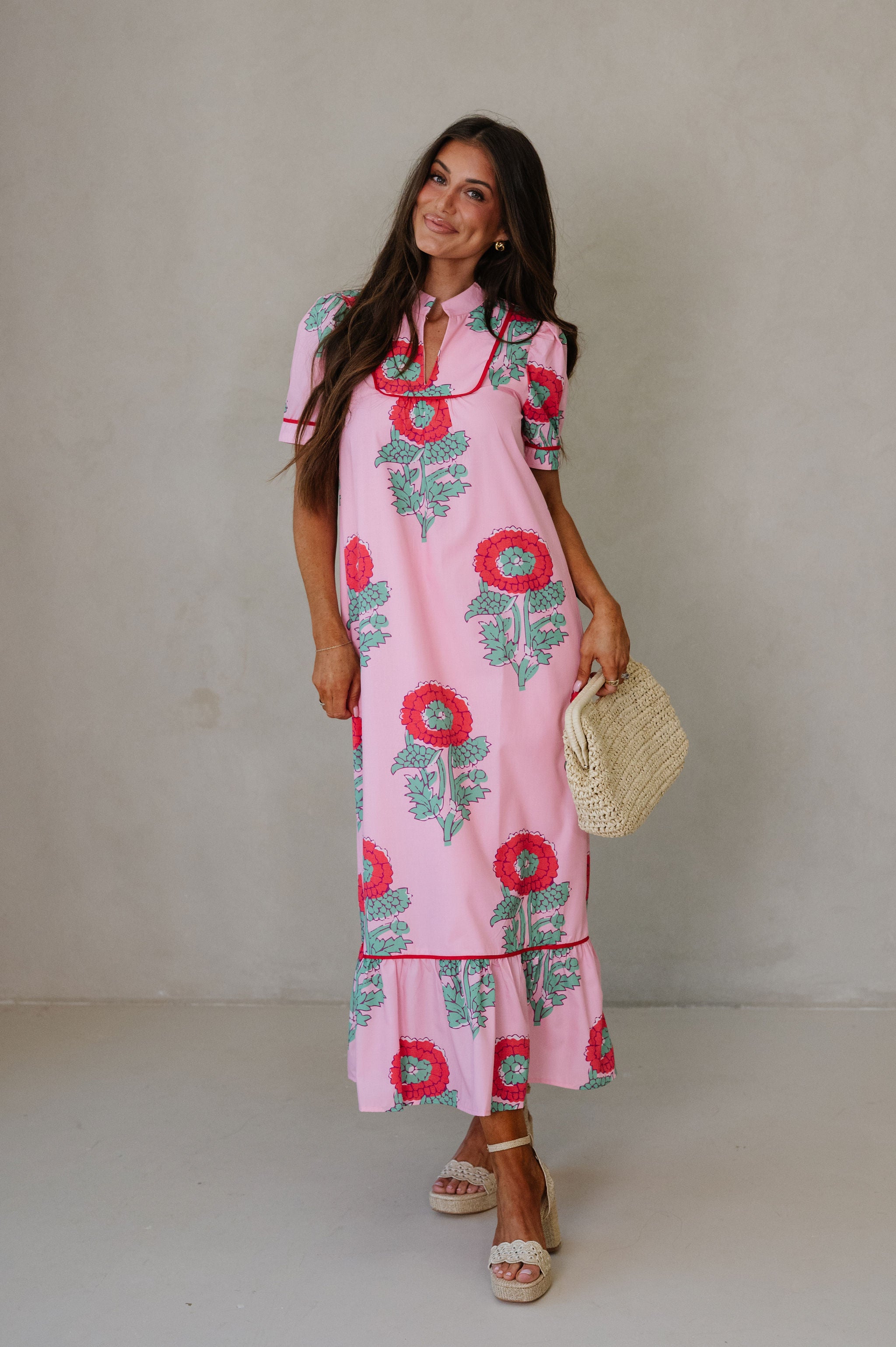 Presley Floral Midi Dress-Pink