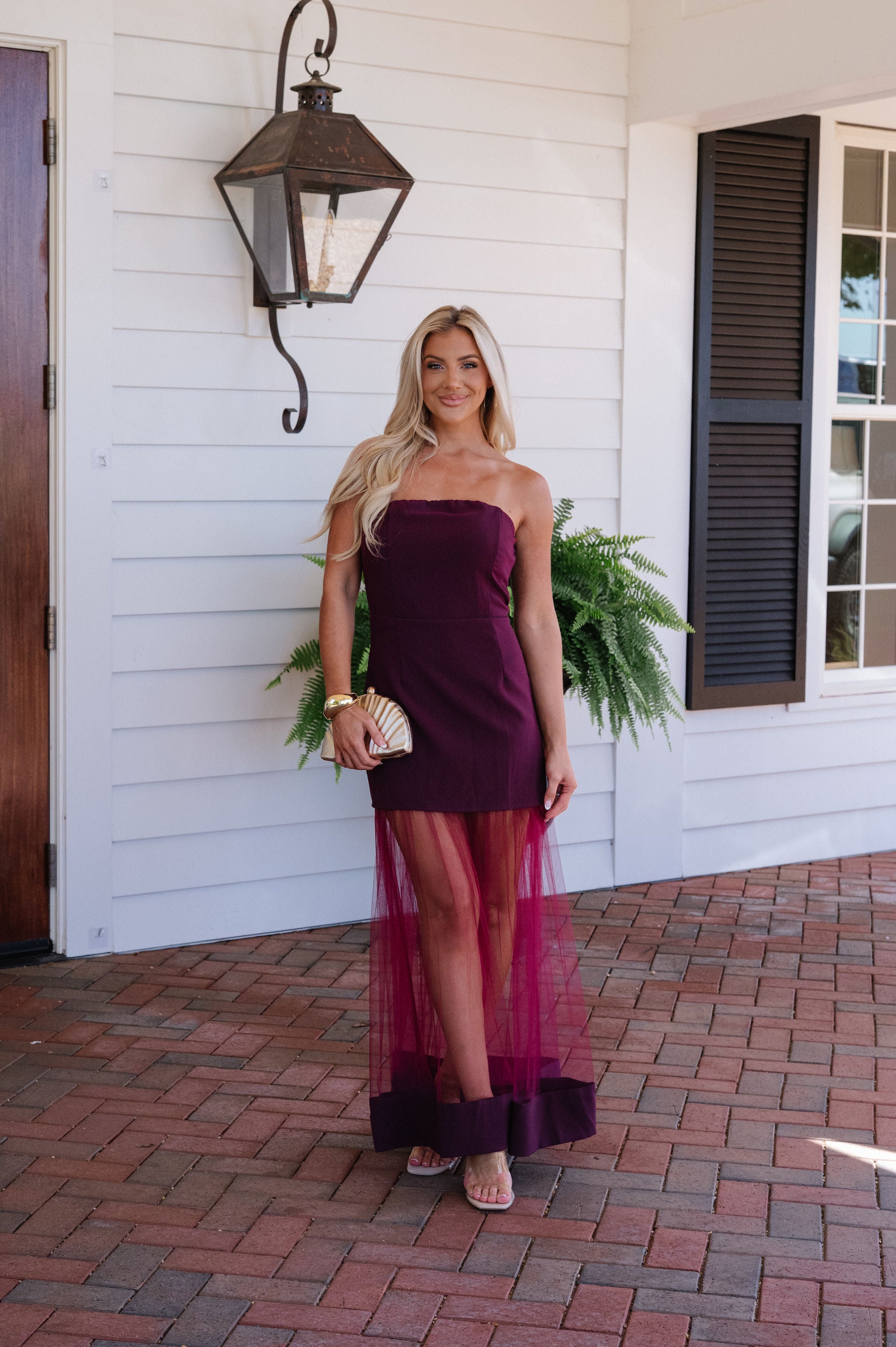 Tulle Skirt Panel Strapless Dress-Burgundy