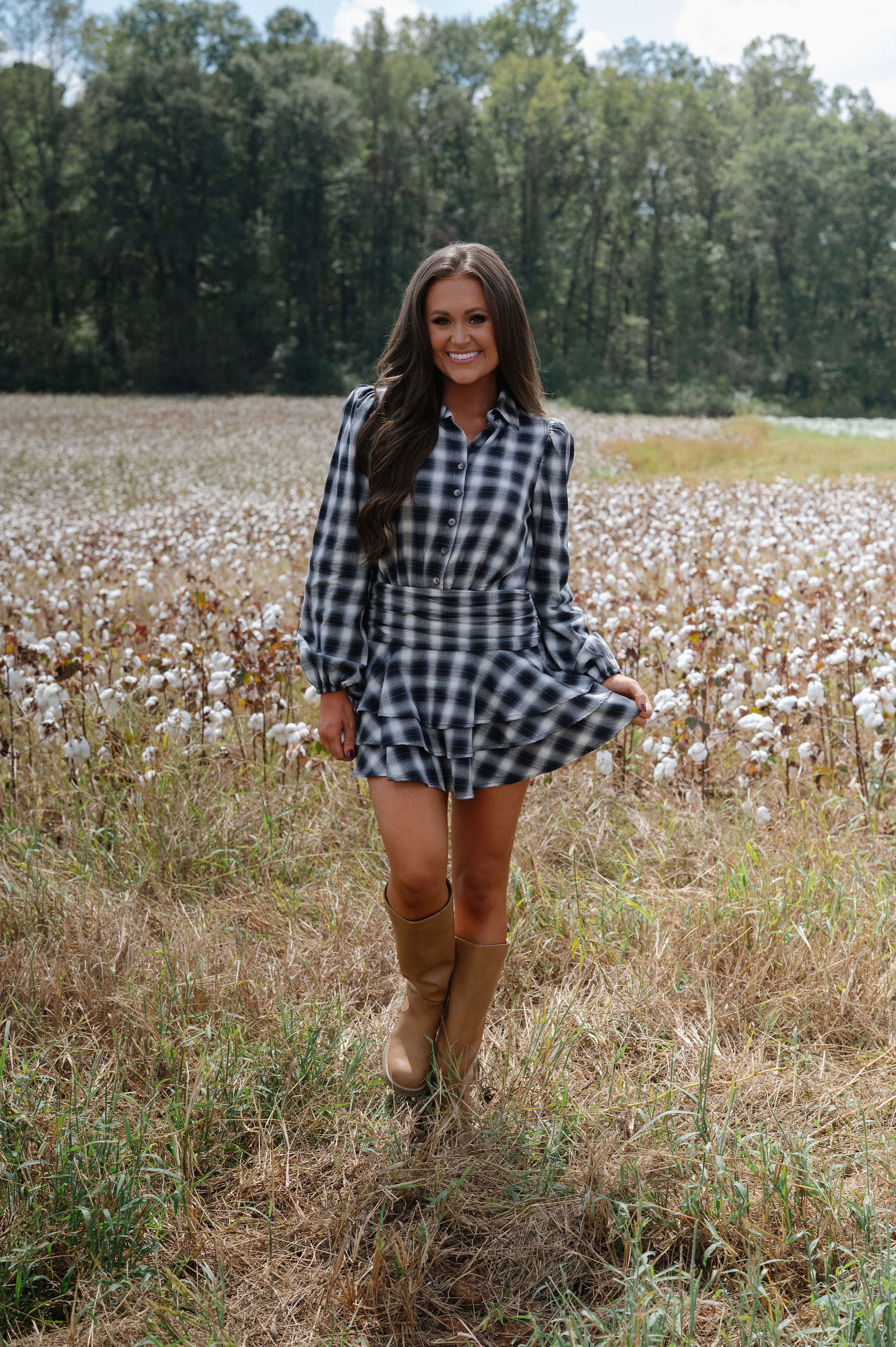 grey plaid mini dress Wren Plaid Ruffle Mini Dress-Grey XL