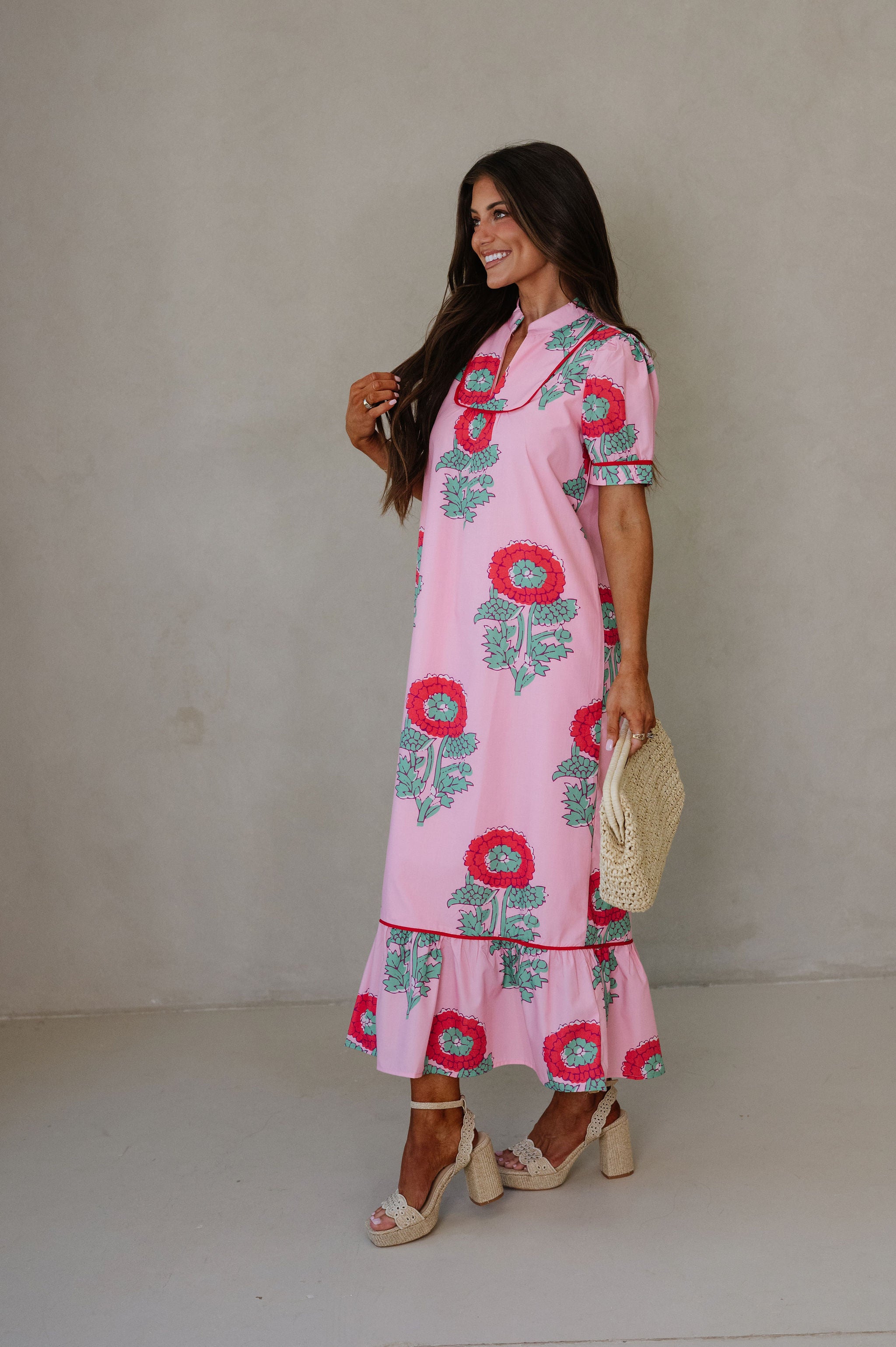 Presley Floral Midi Dress-Pink