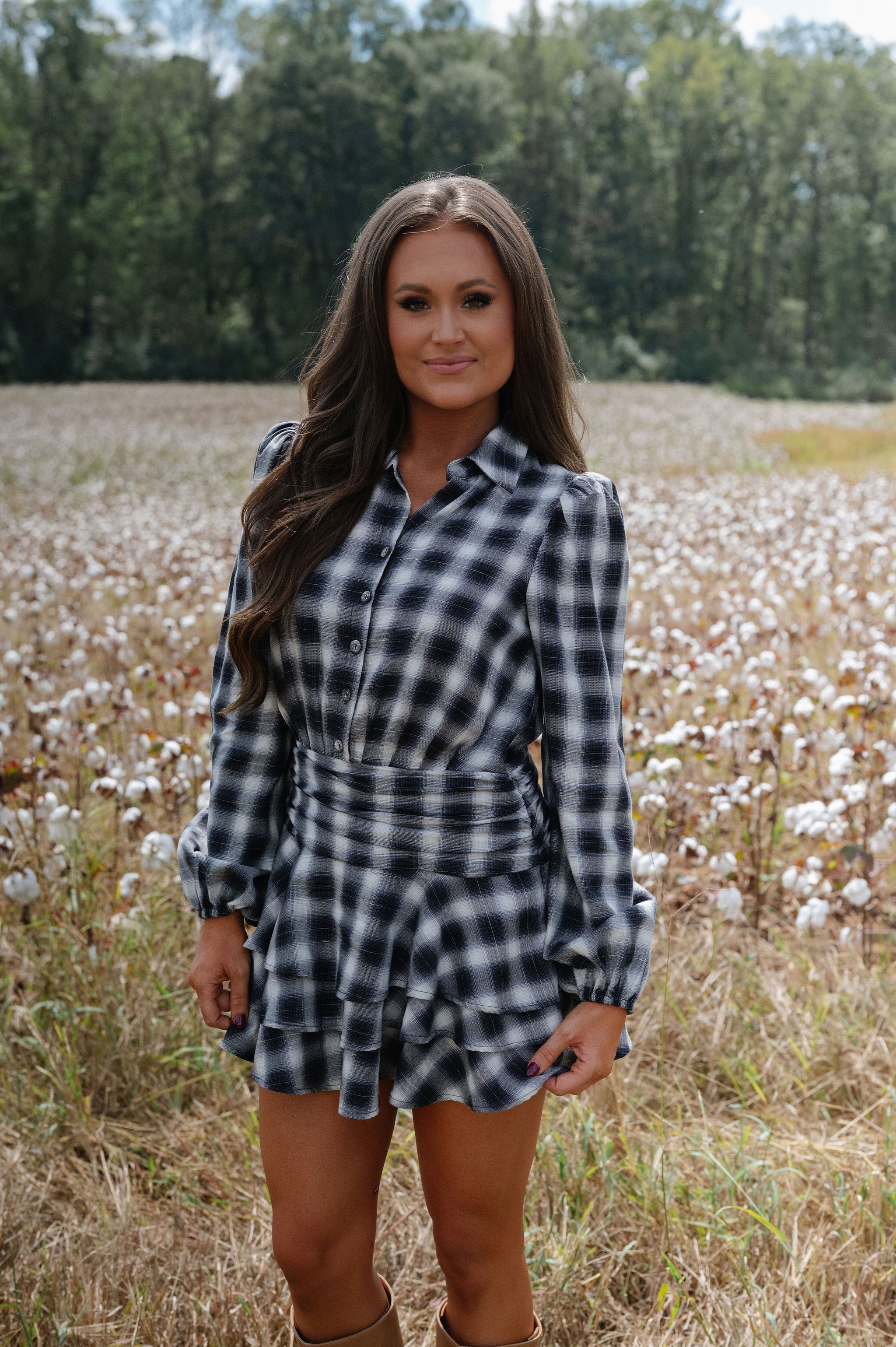 Wren Plaid Ruffle Mini Dress-Grey