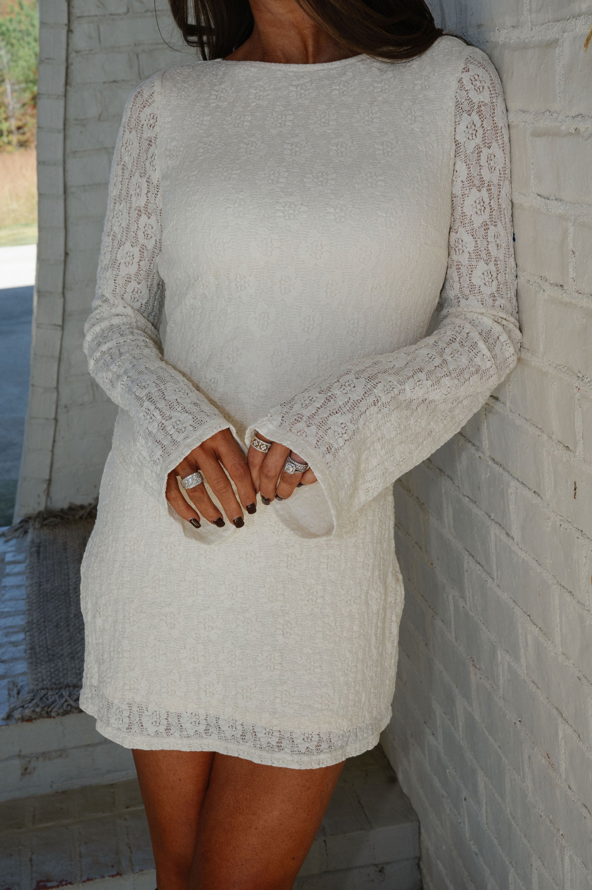 Open Back Lace Mini Dress-Cream