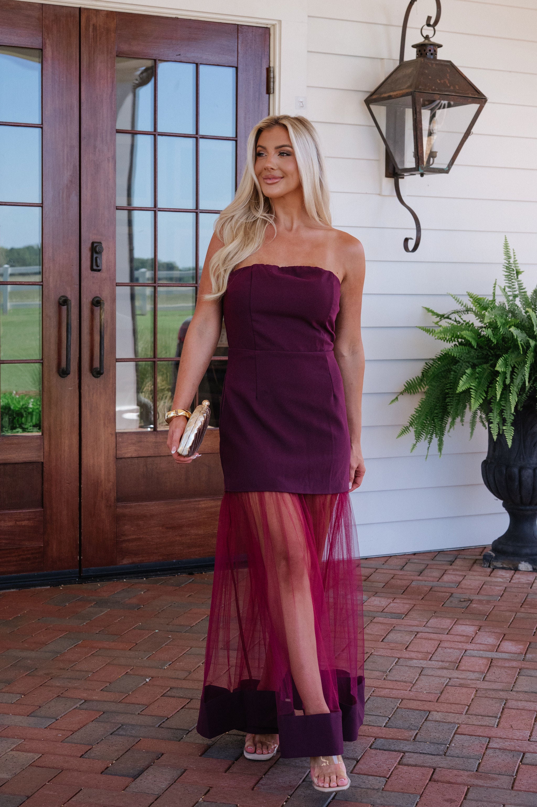 Tulle Skirt Panel Strapless Dress-Burgundy