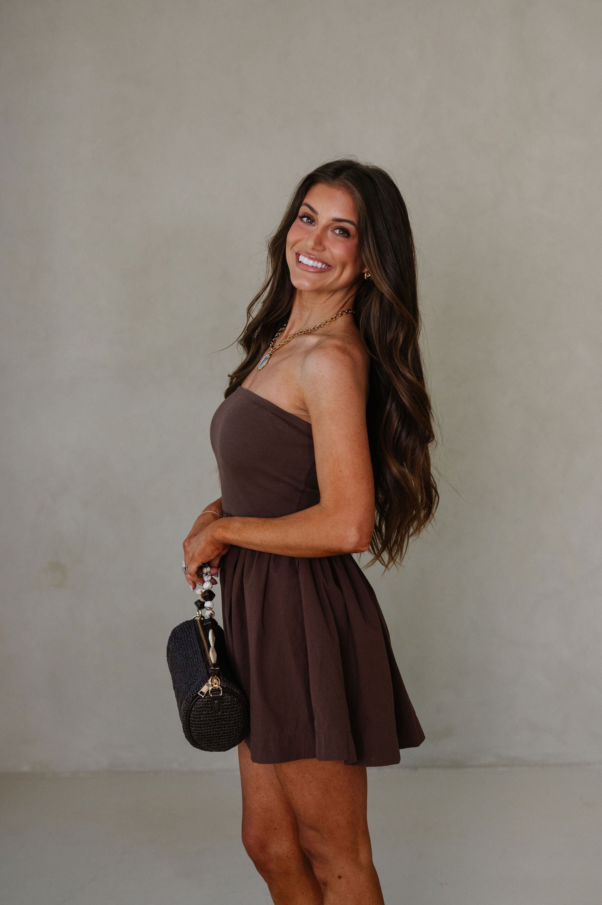 Strapless Flowy Mini Dress-Chocolate