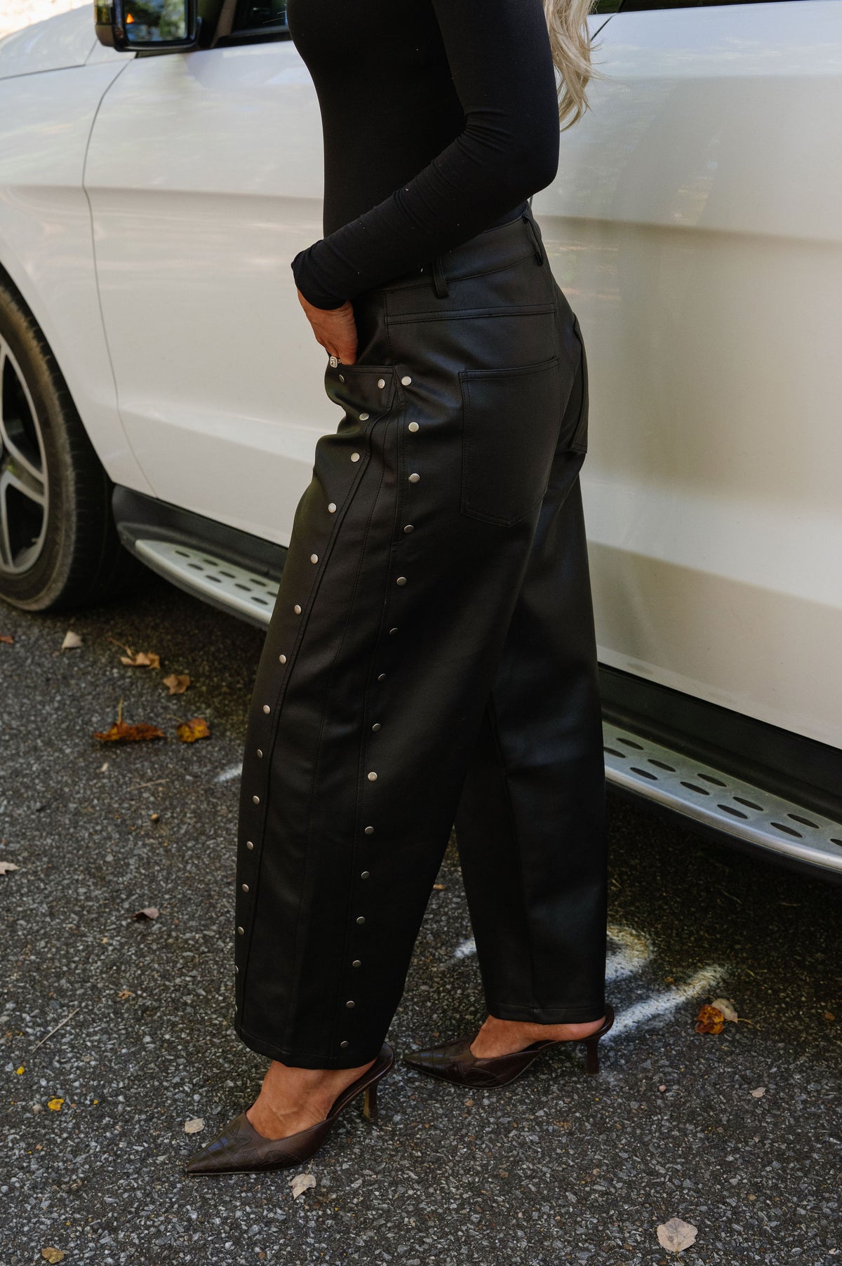 Studded Faux Leather Barrel Pants-Black