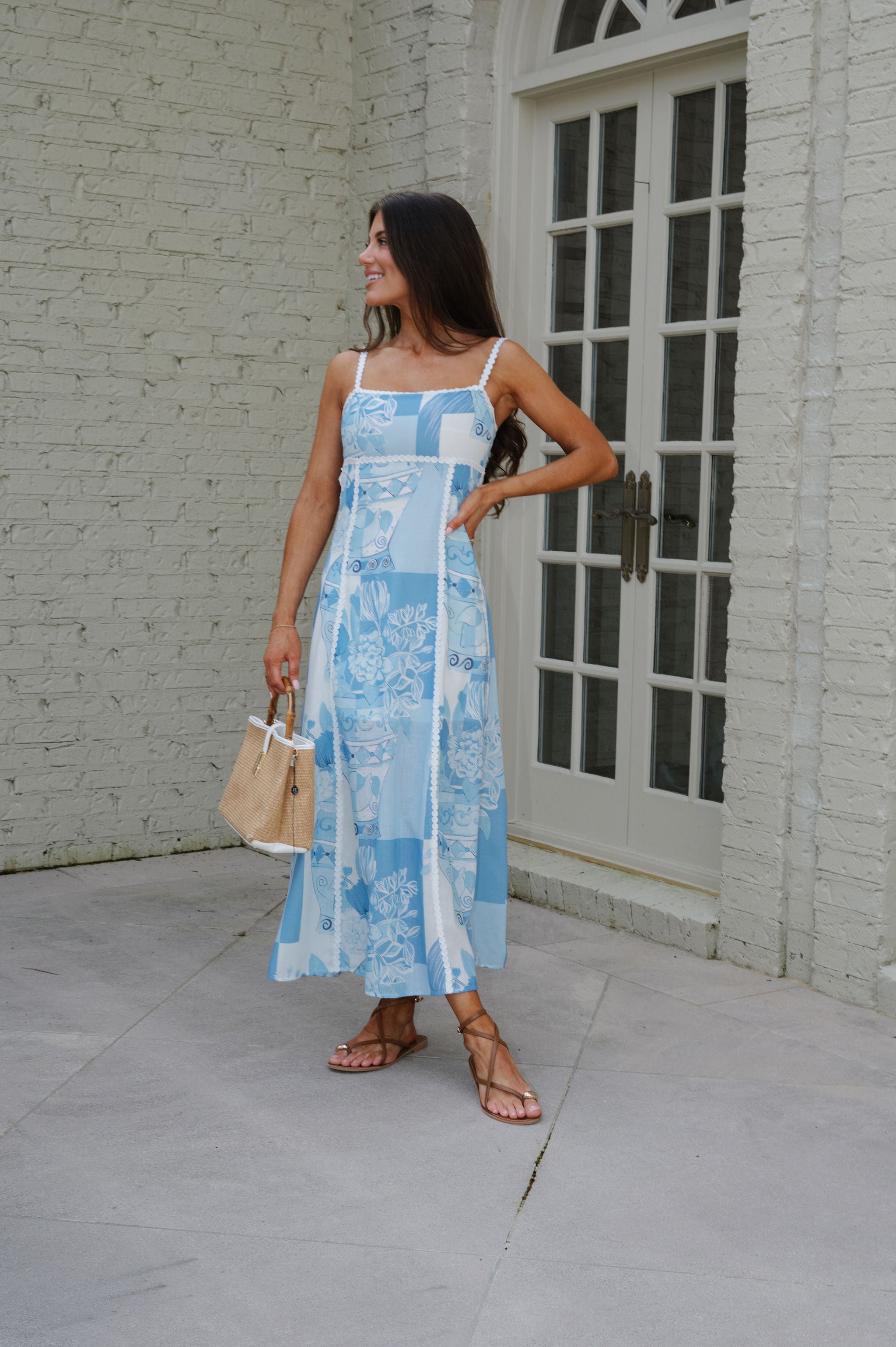 Mosaic Linen Midi Dress-Sky Blue