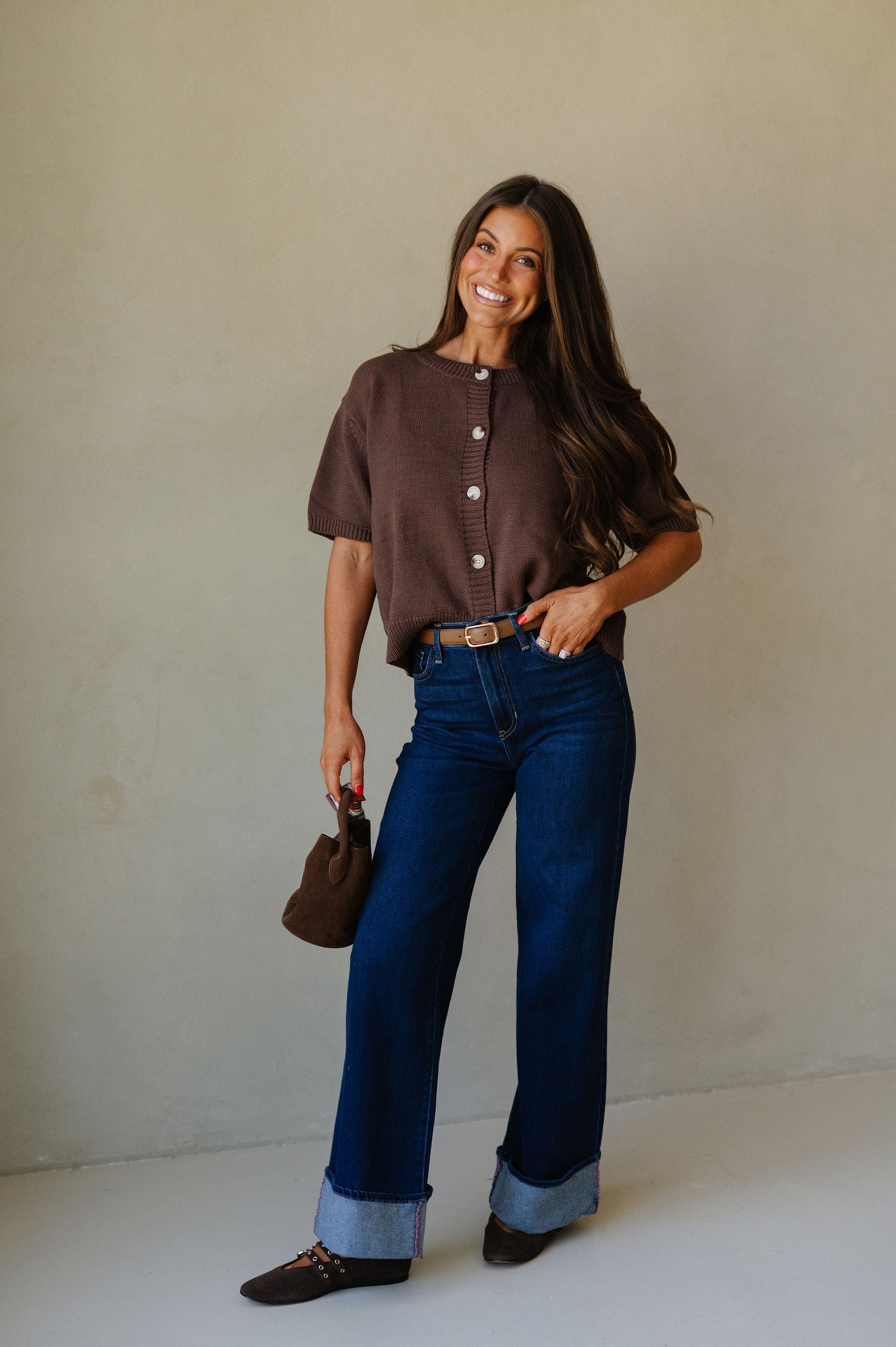 Short Sleeve Sweater Cardigan-Brown