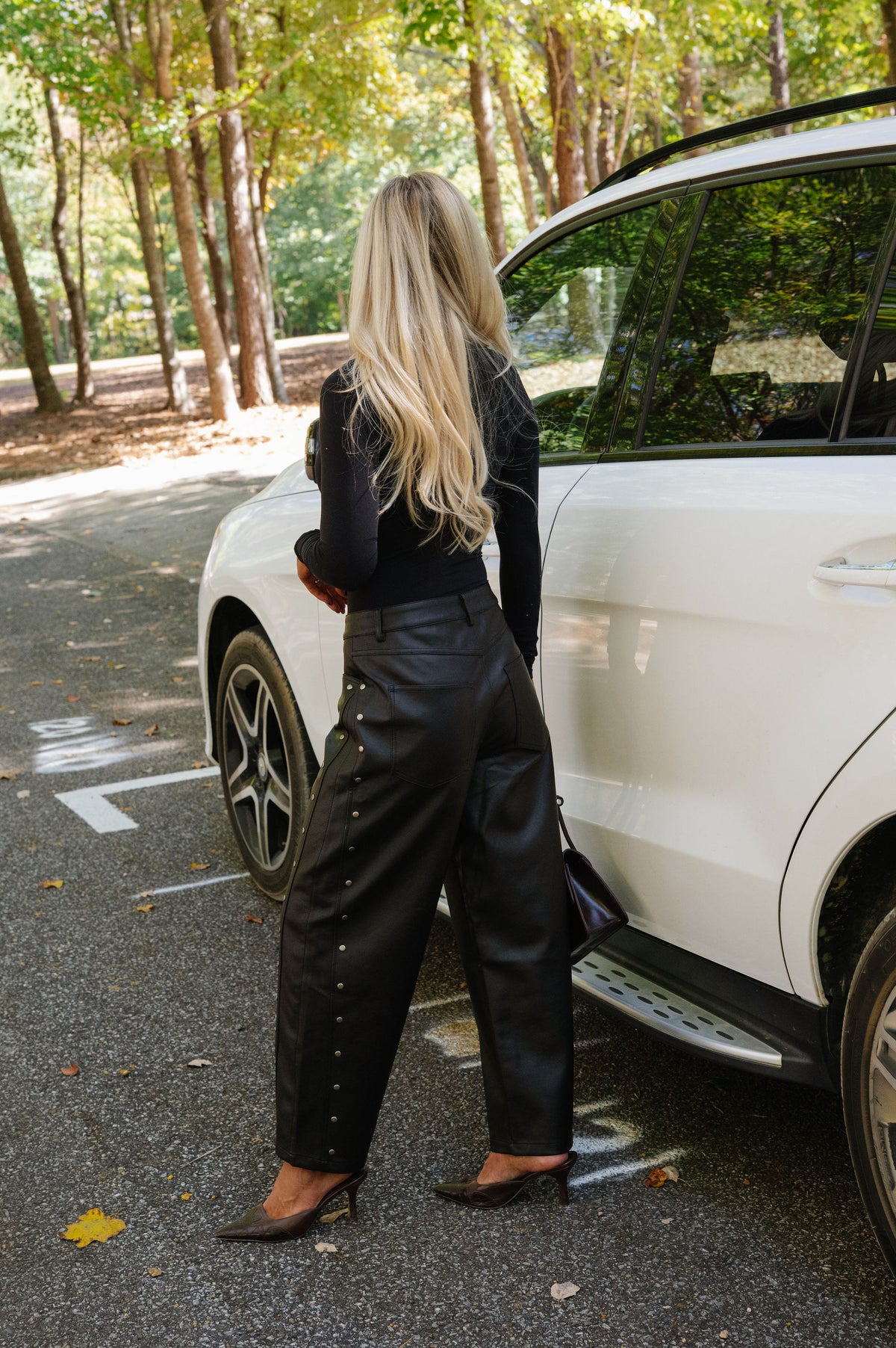 Studded Faux Leather Barrel Pants-Black