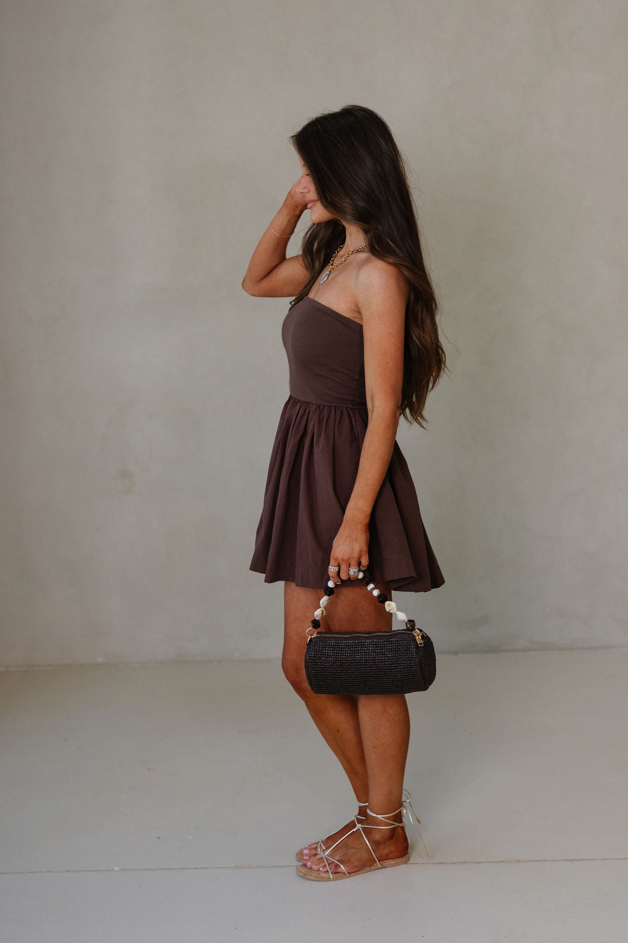 Strapless Flowy Mini Dress-Chocolate