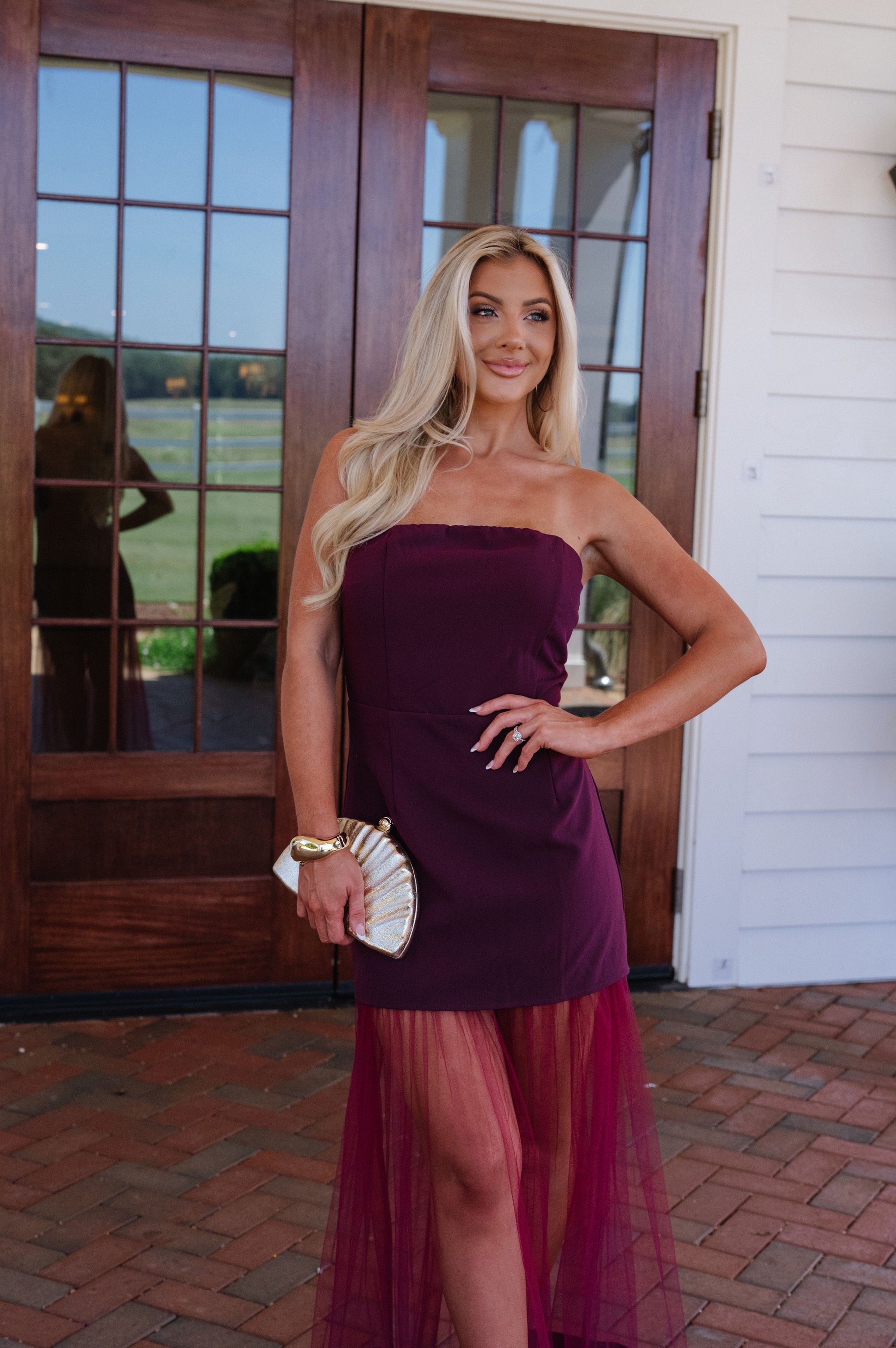 Tulle Skirt Panel Strapless Dress-Burgundy