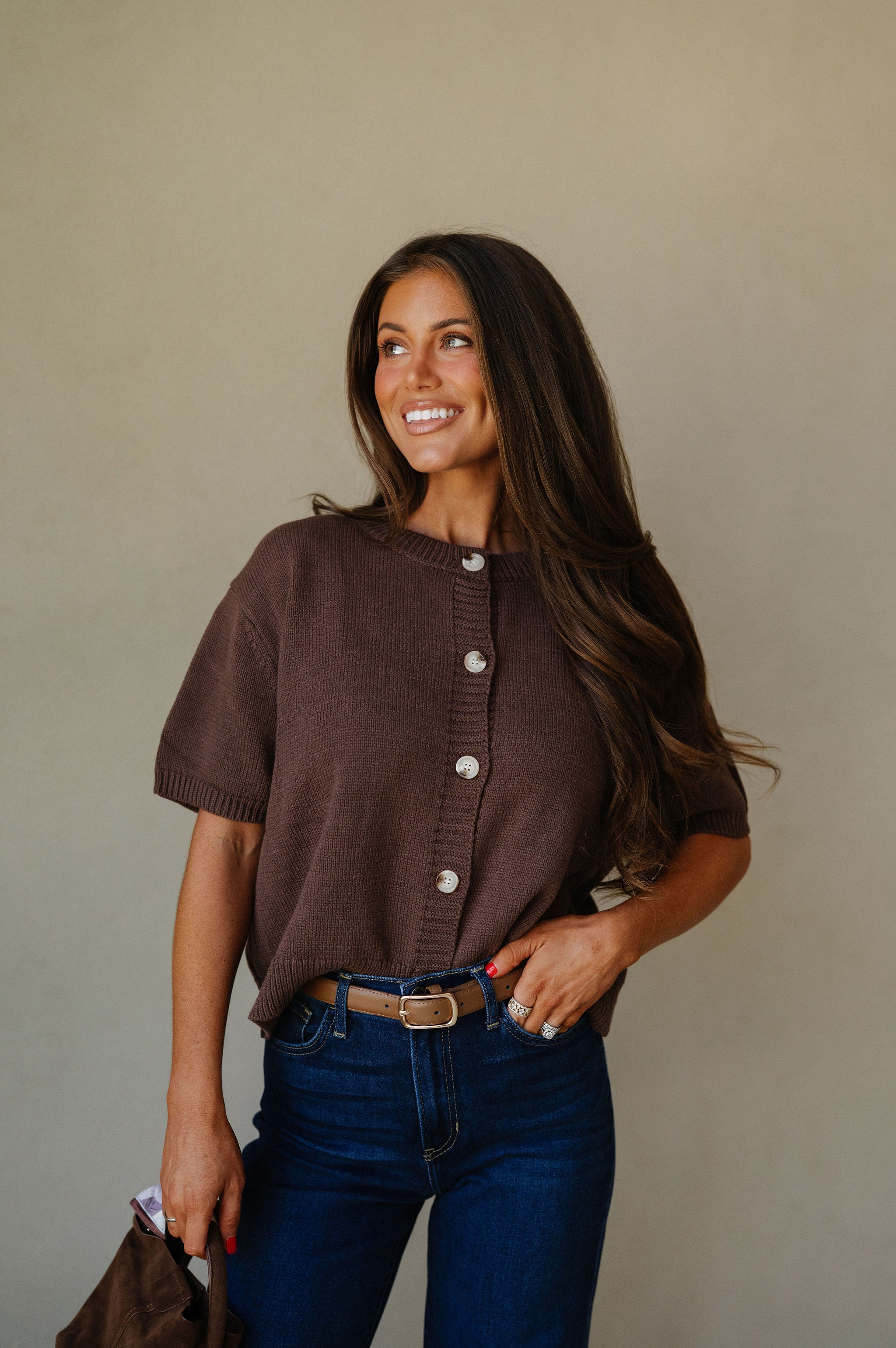 Short Sleeve Sweater Cardigan-Brown