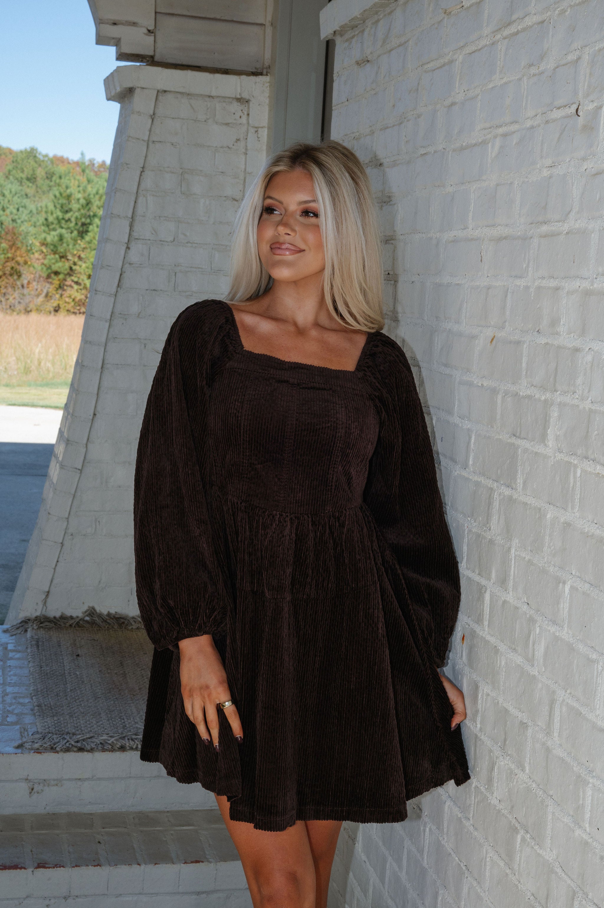 Corduroy Puff Sleeve Mini Dress-Brown