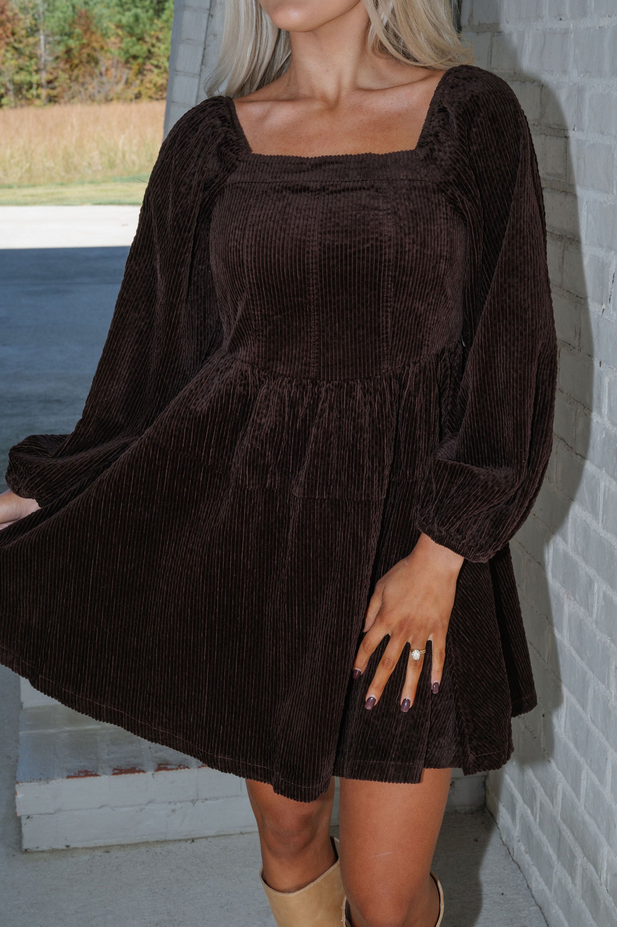 Corduroy Puff Sleeve Mini Dress-Brown