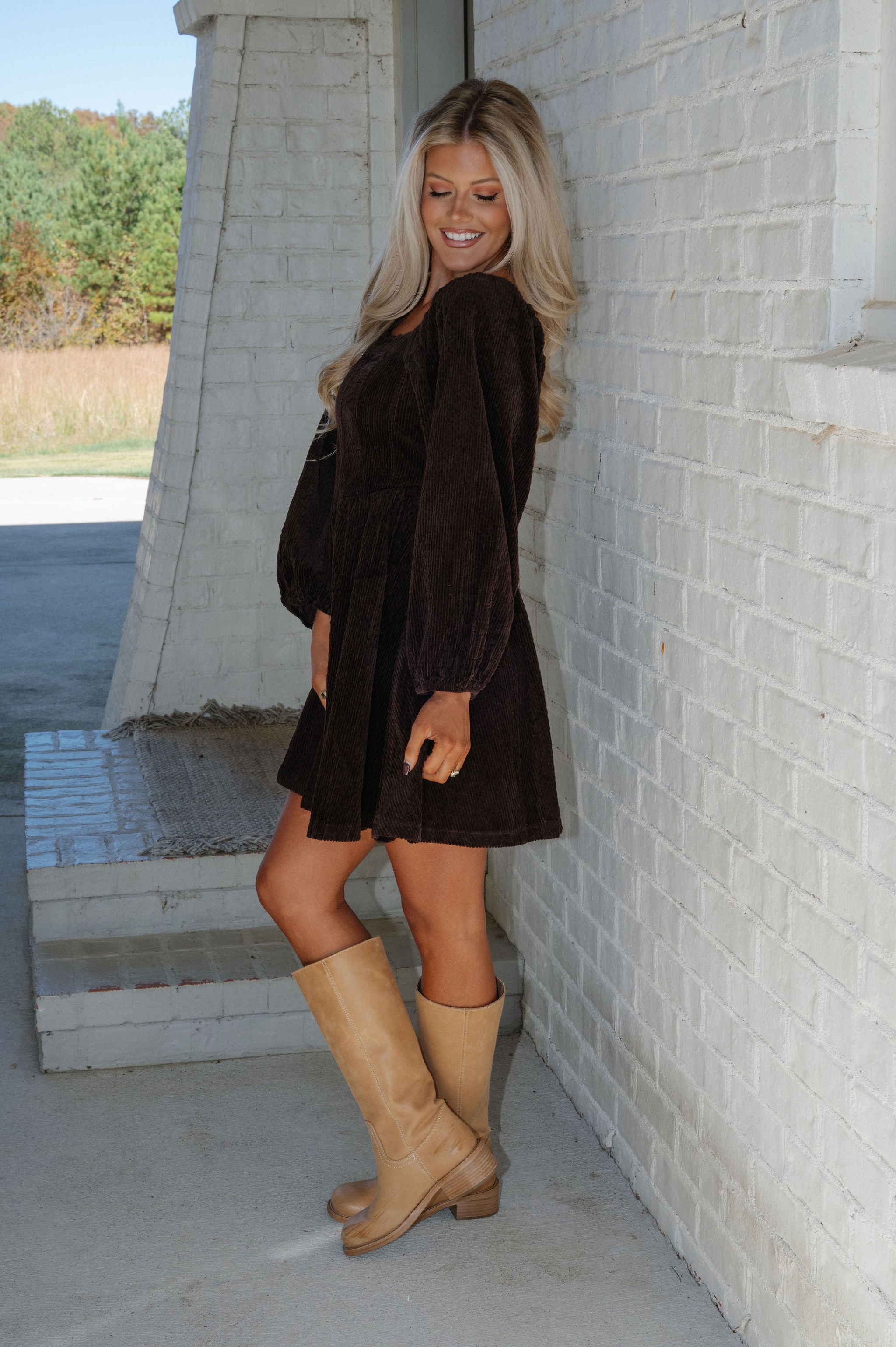 Corduroy Puff Sleeve Mini Dress-Brown