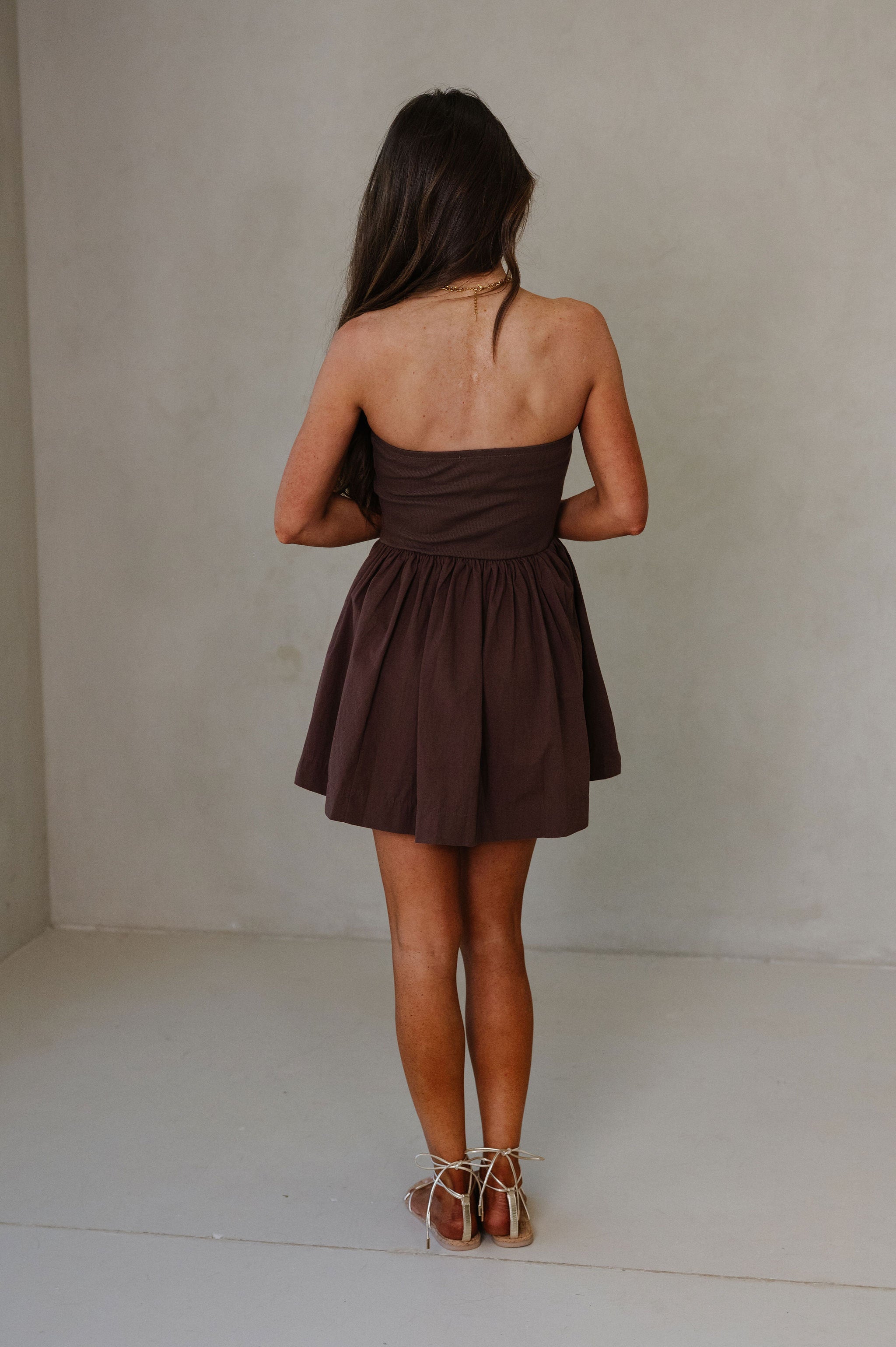 Strapless Flowy Mini Dress-Chocolate