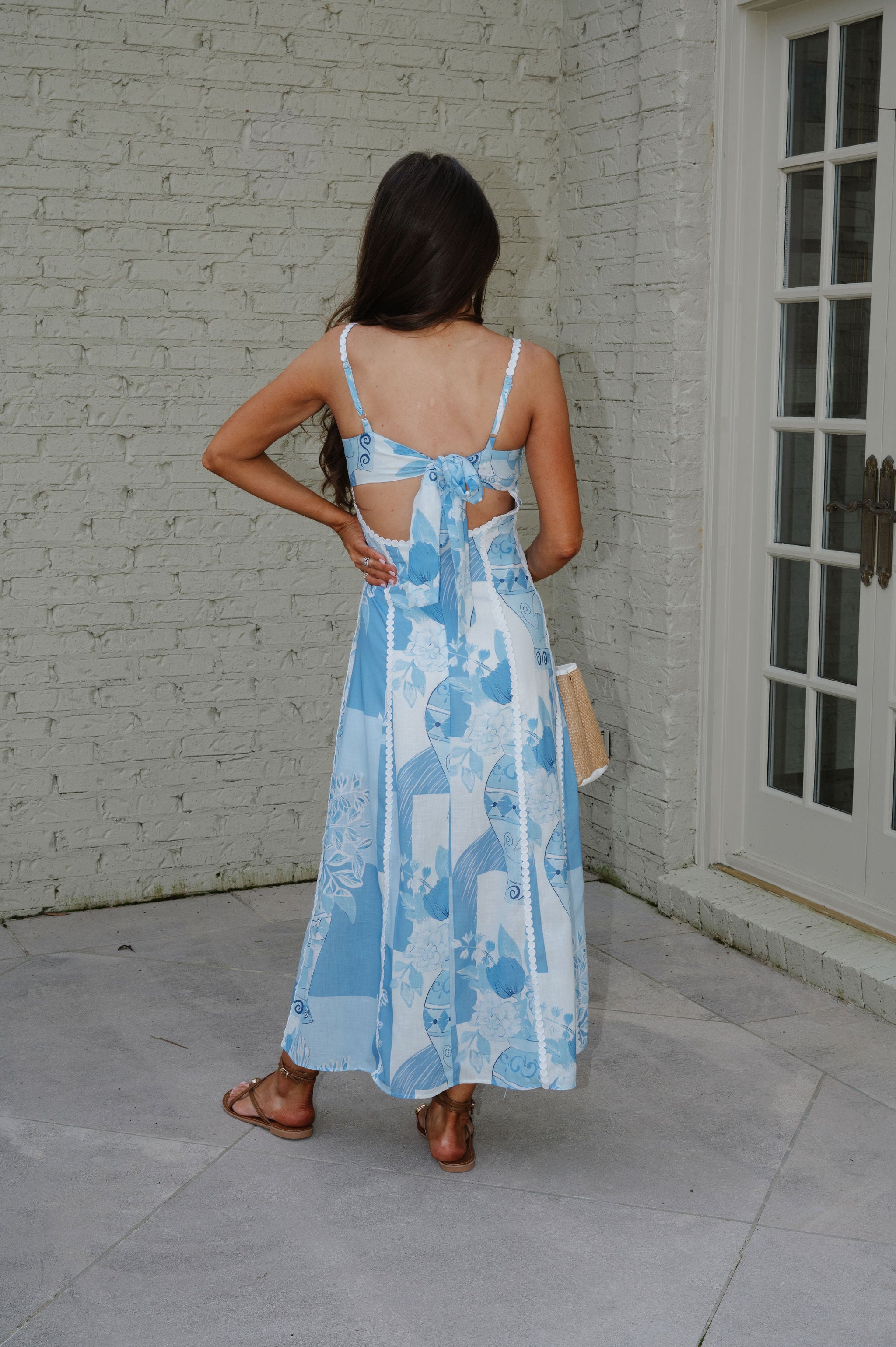 Mosaic Linen Midi Dress-Sky Blue