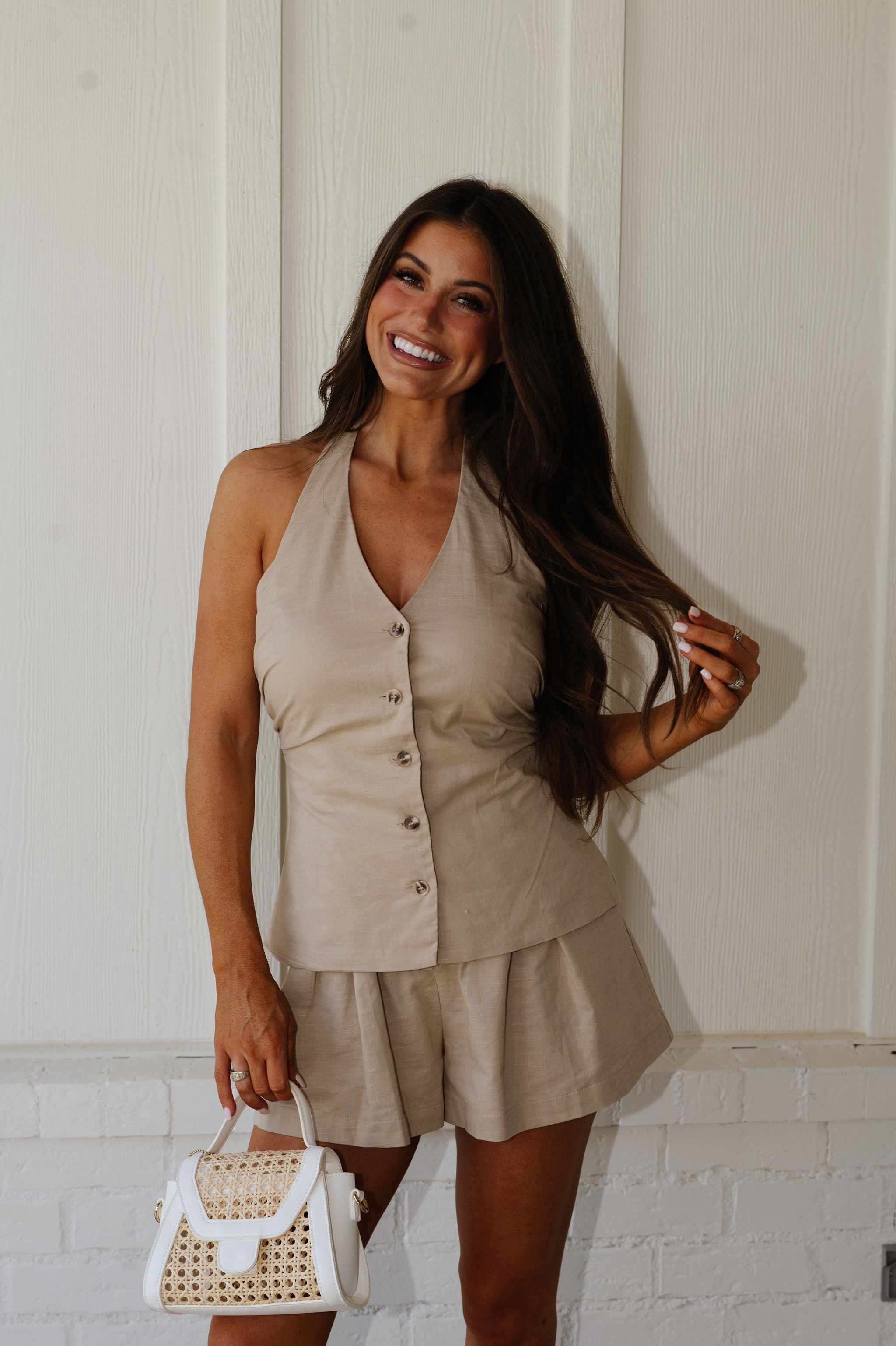 Halter V Neck Vest Romper-Light Taupe