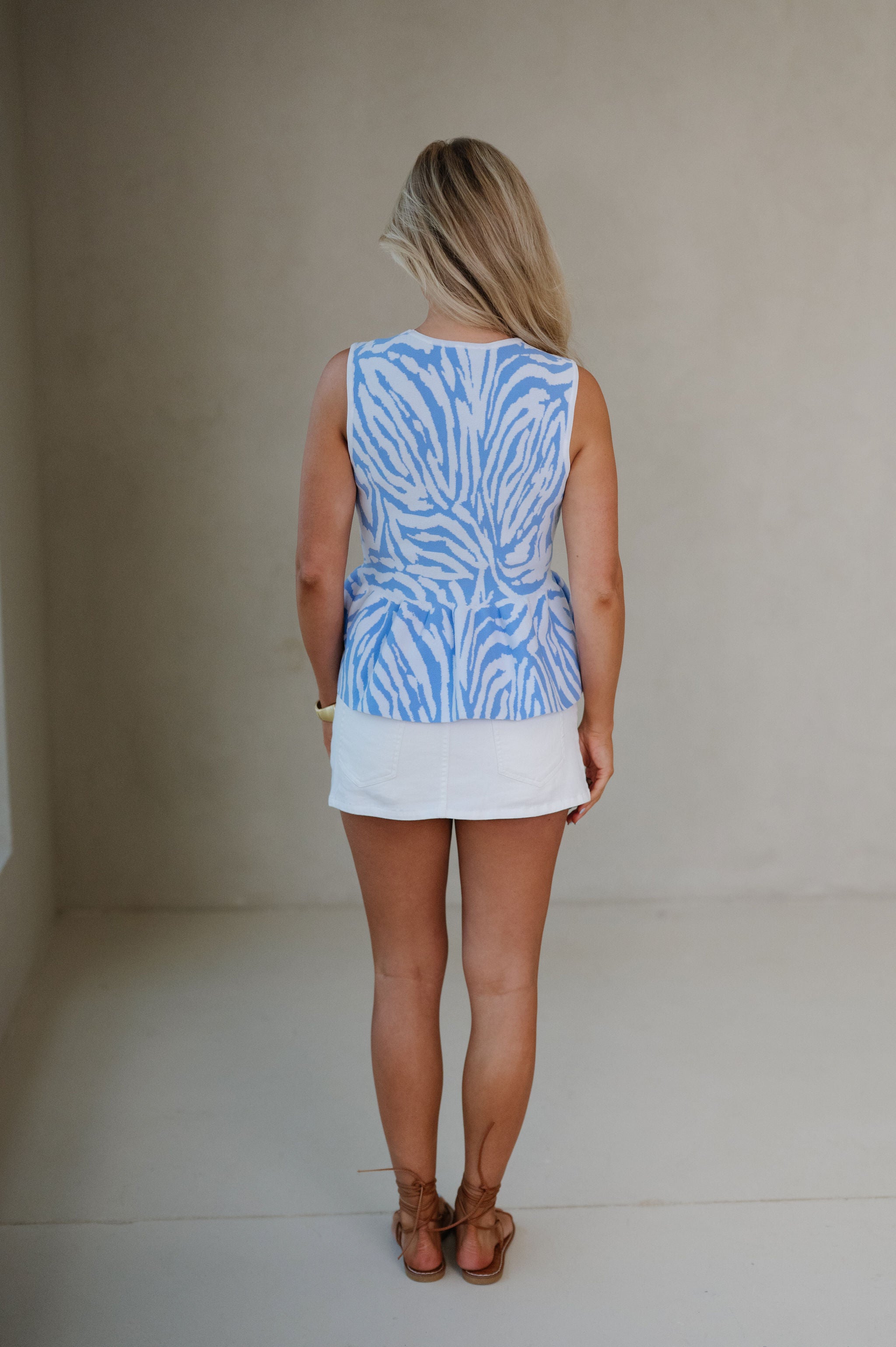 Zebra Print Sleeveless Knit Top-Blue