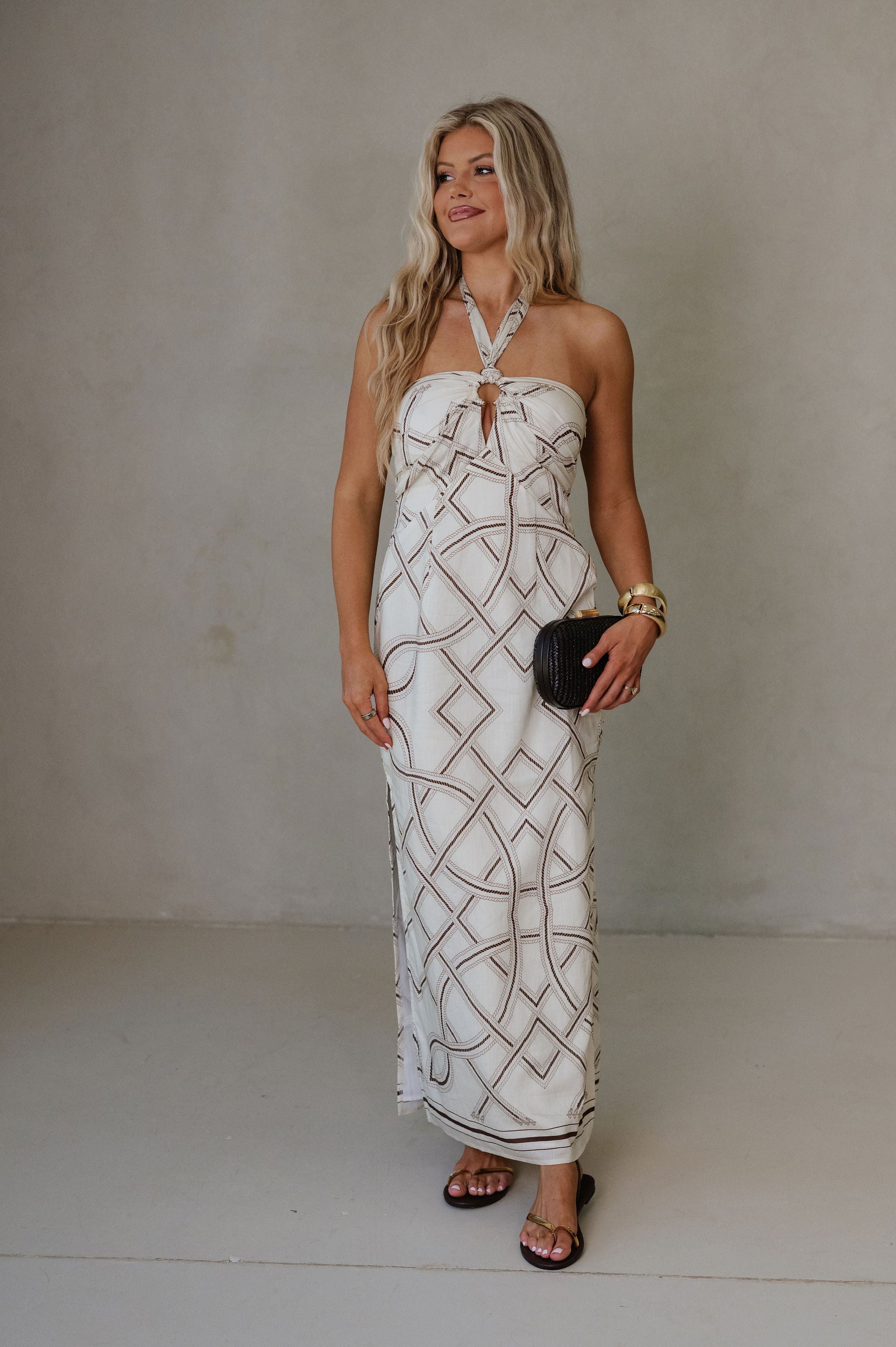 Printed Halter Neck Maxi Dress-Cream