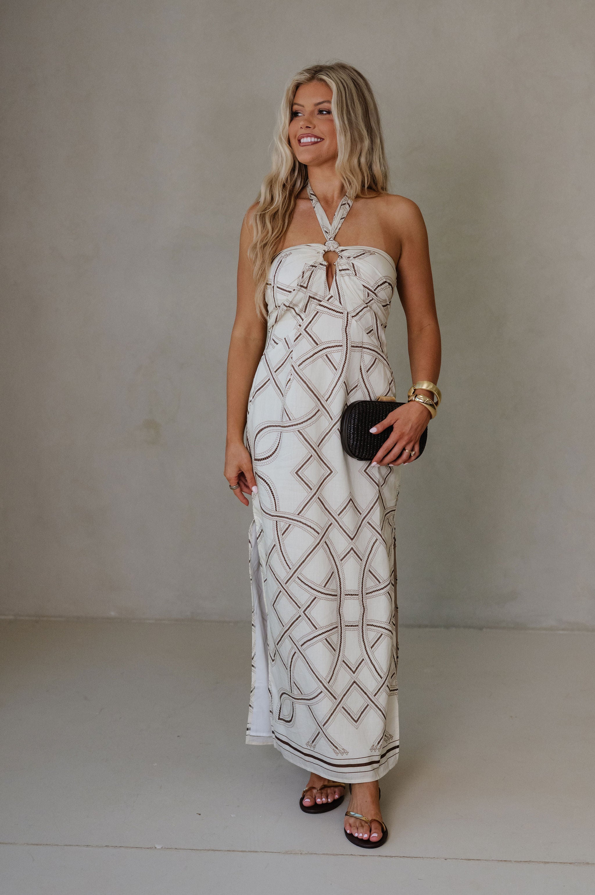 Printed Halter Neck Maxi Dress-Cream