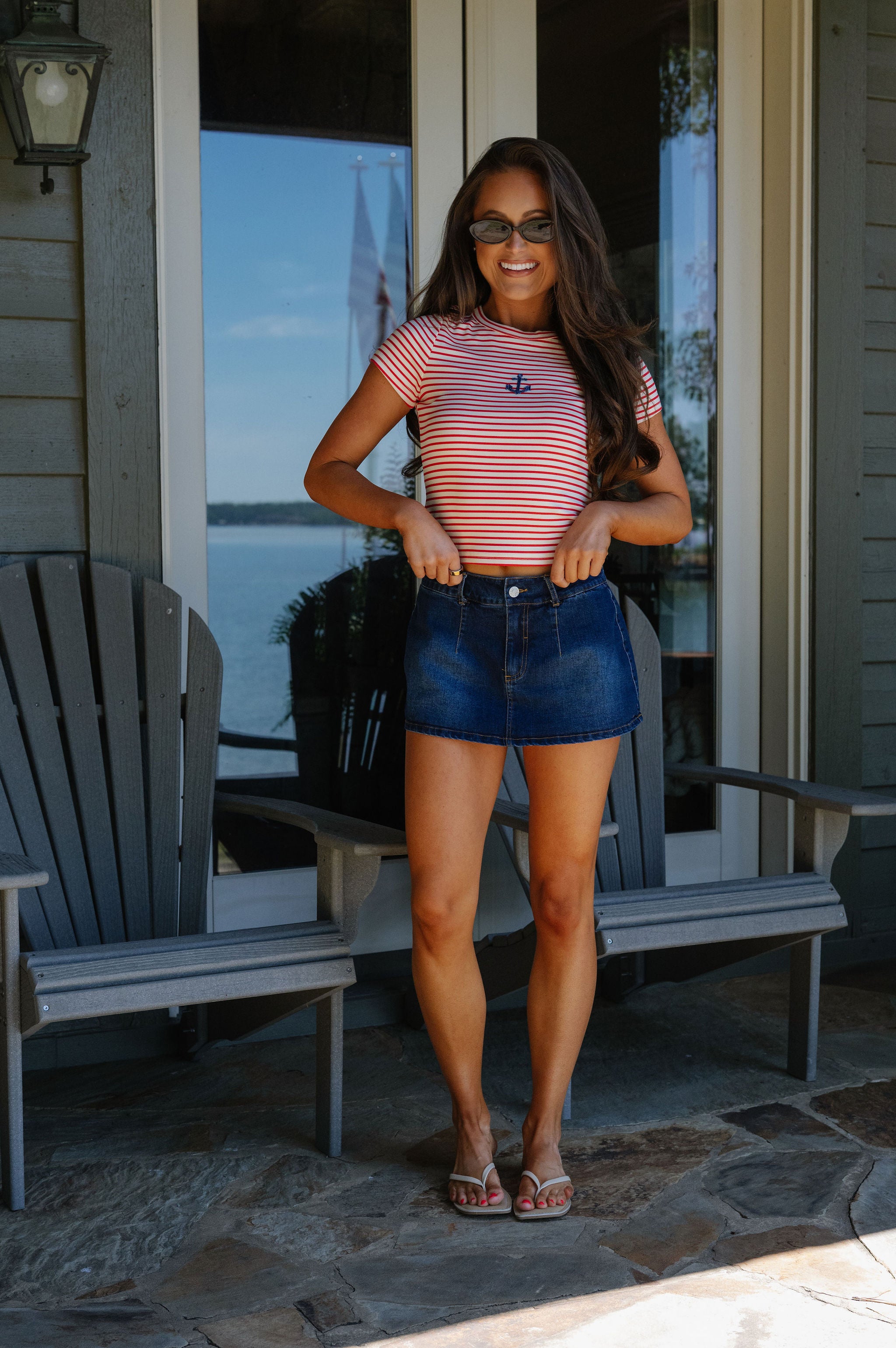 Pamela Striped Anchor Beaded Tee-Red/Cream