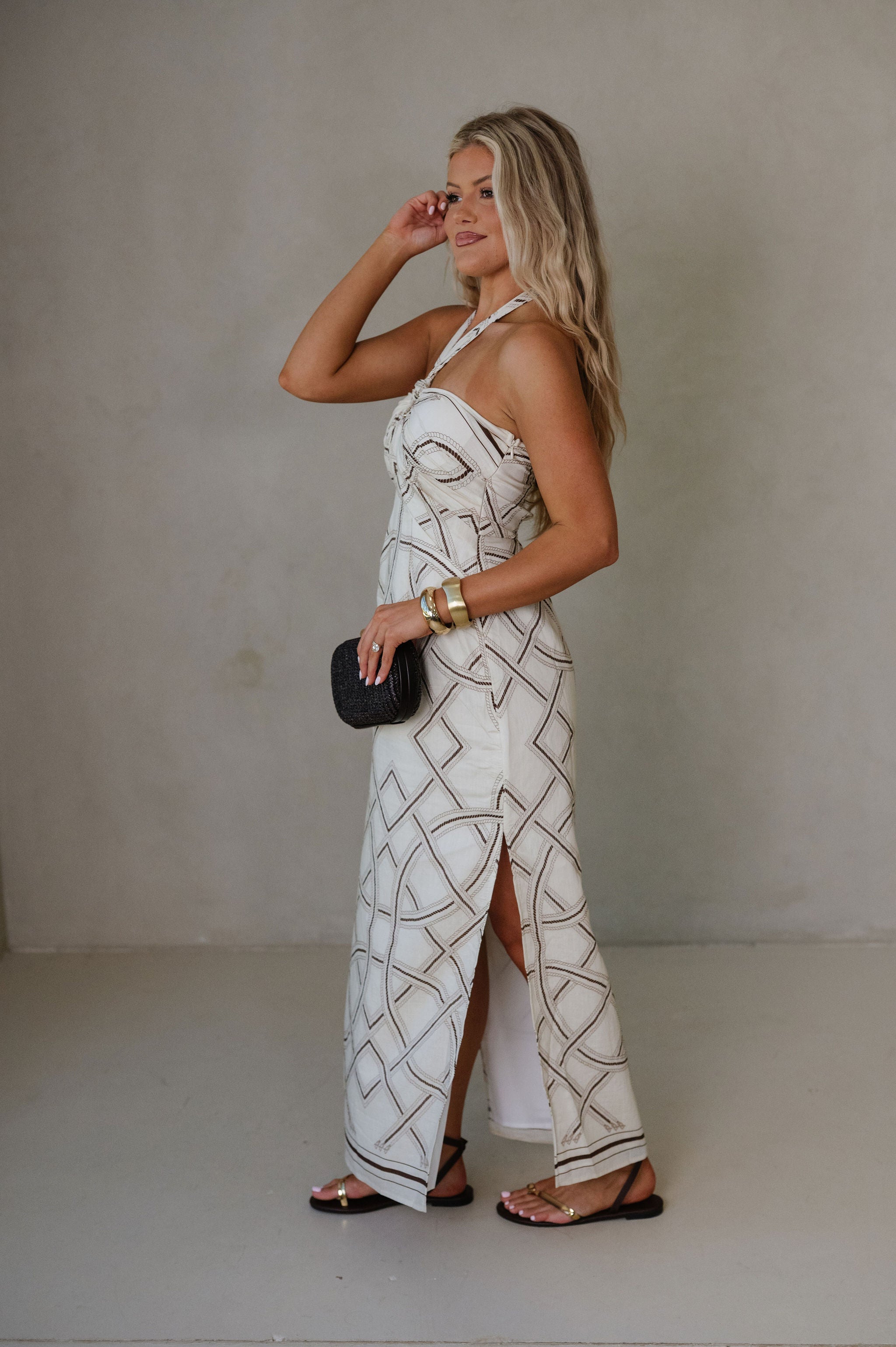 Printed Halter Neck Maxi Dress-Cream