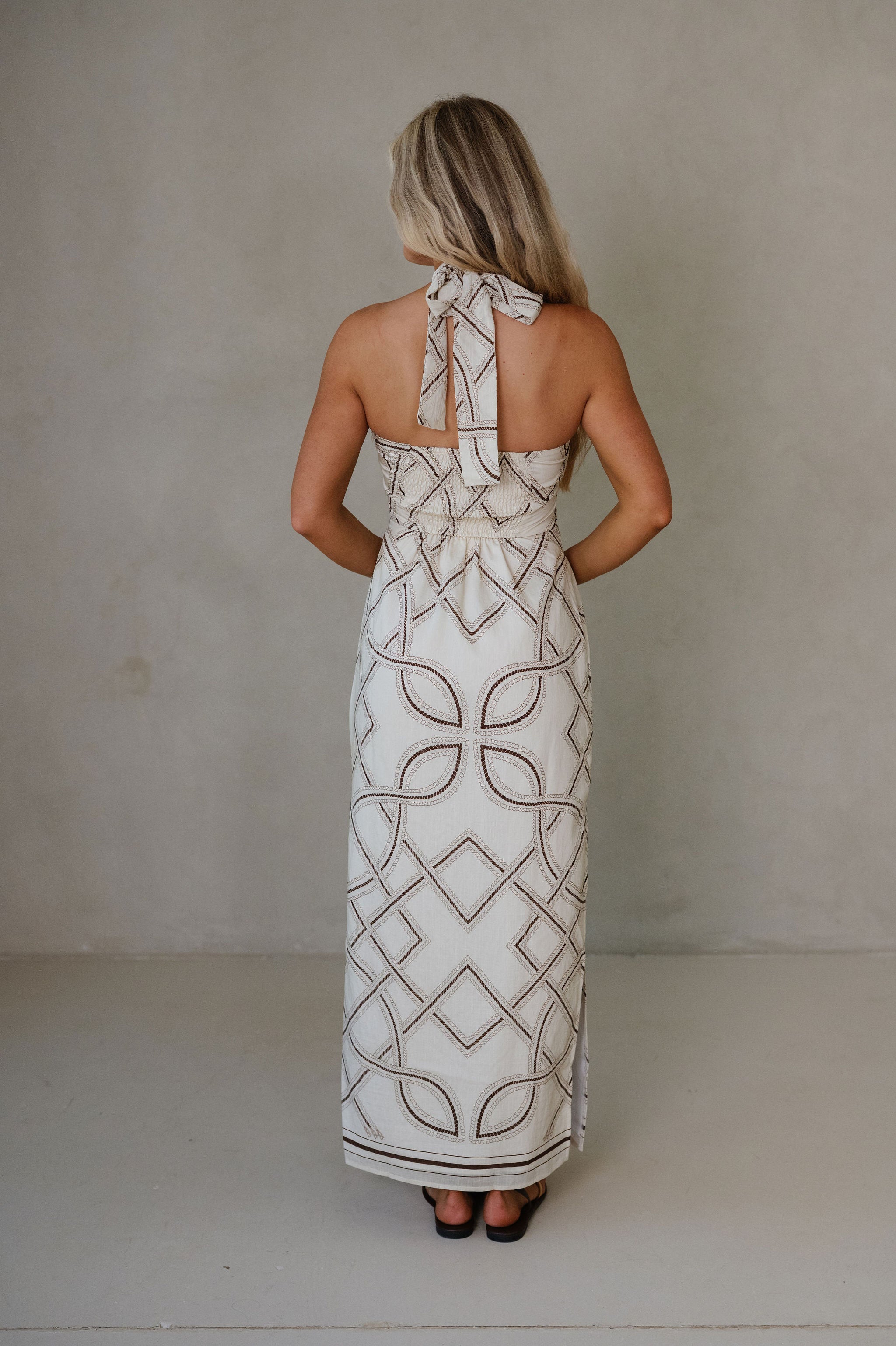 Printed Halter Neck Maxi Dress-Cream