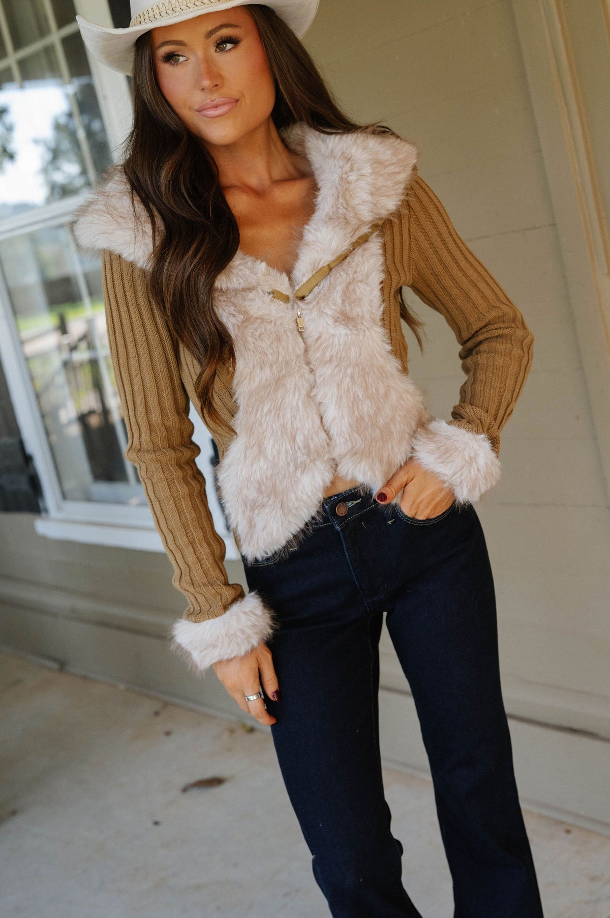 Stephanie Faux Fur Sweater-Taupe