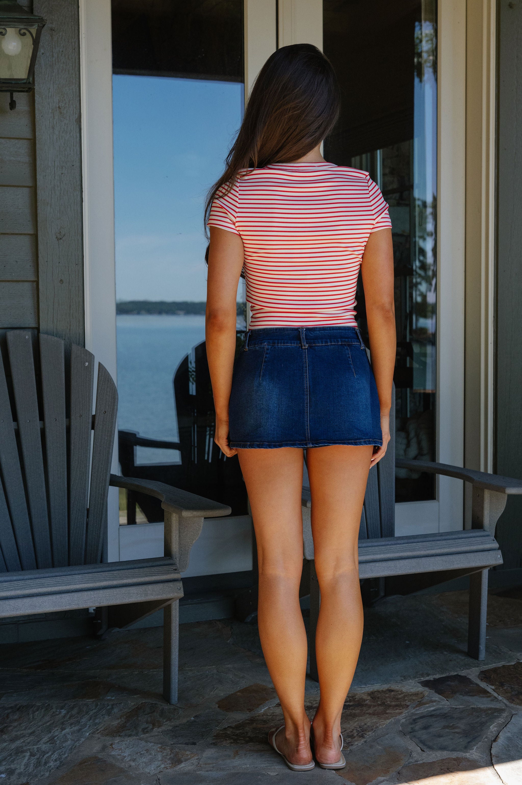Pamela Striped Anchor Beaded Tee-Red/Cream