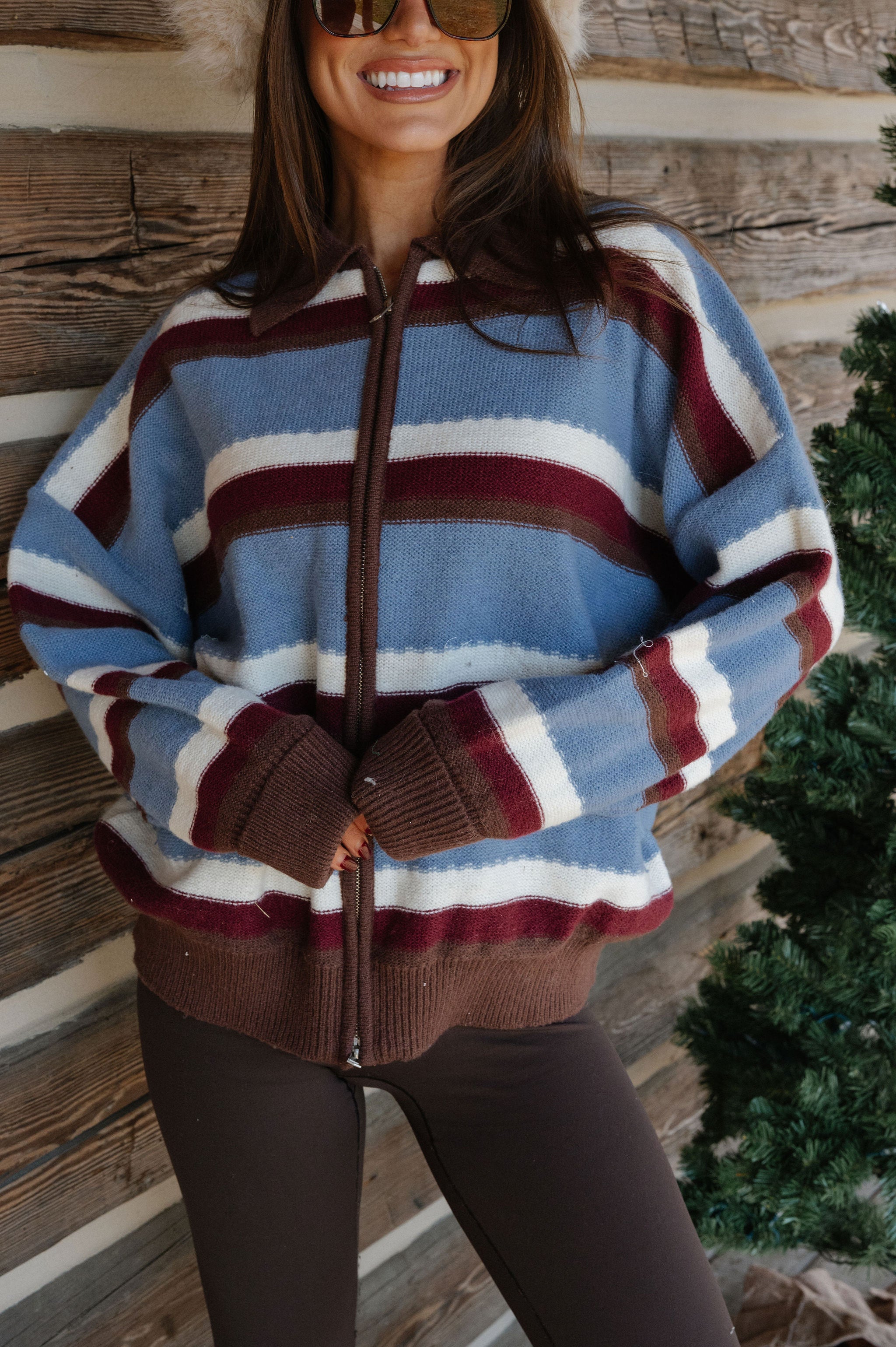 Zipper Front Collared Sweater-Blue Multi