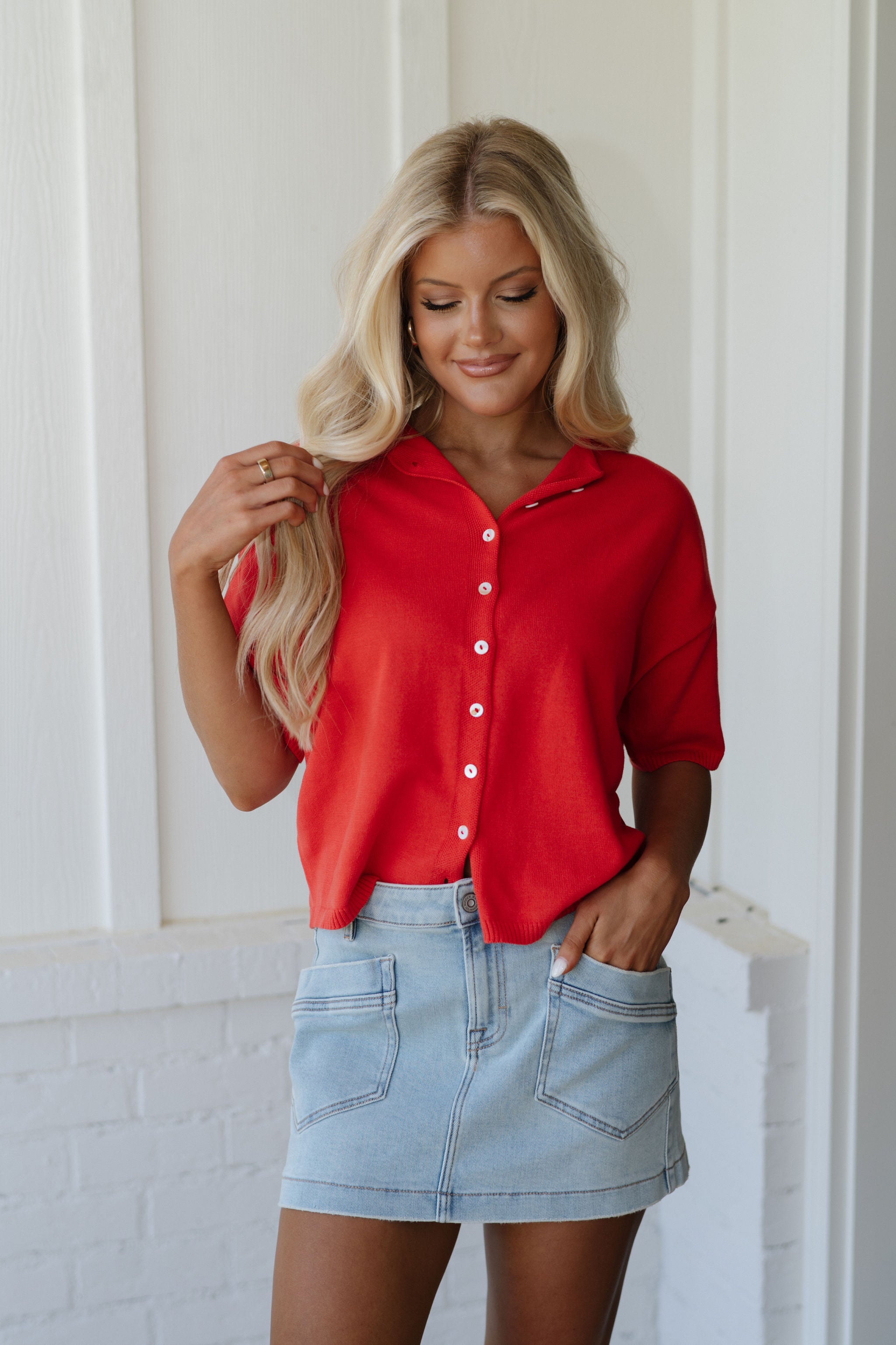 Button Down Knit Top-Red