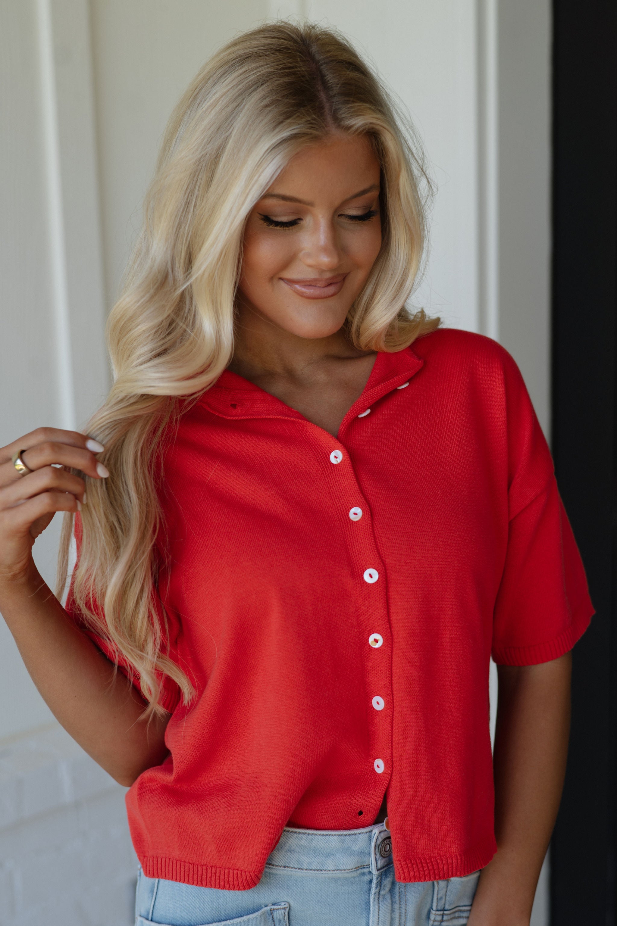 Button Down Knit Top-Red