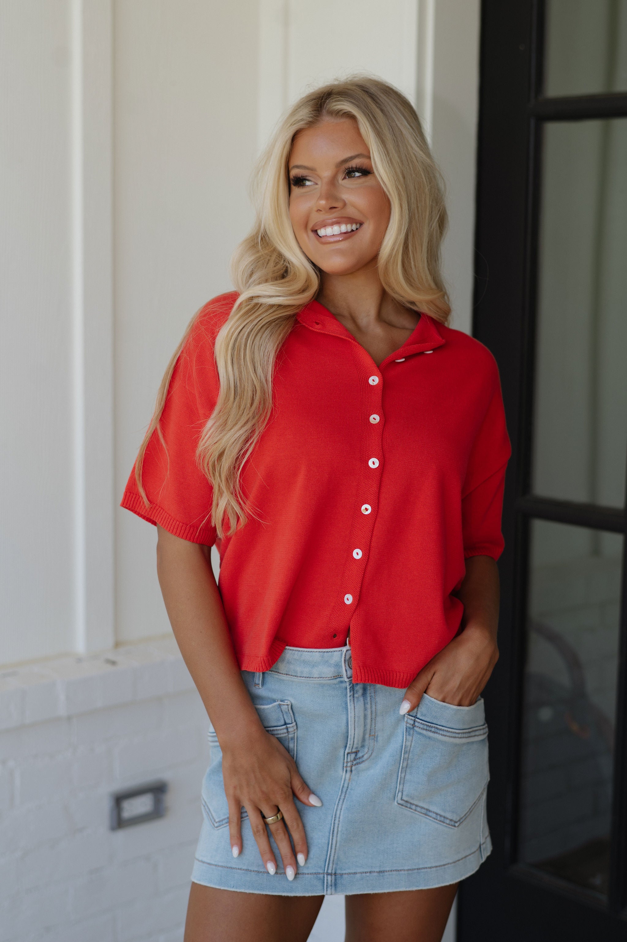 Button Down Knit Top-Red