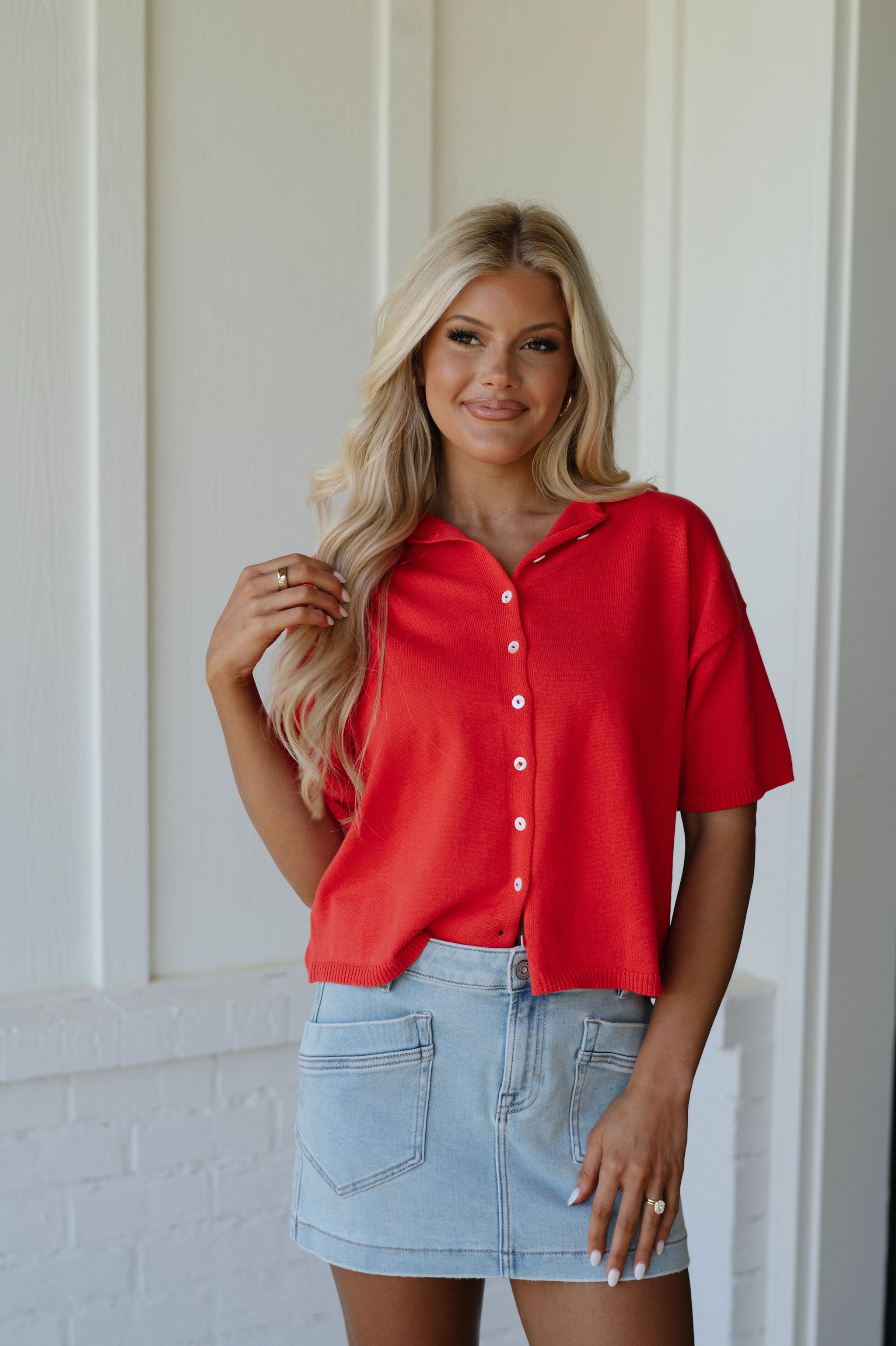 Button Down Knit Top-Red