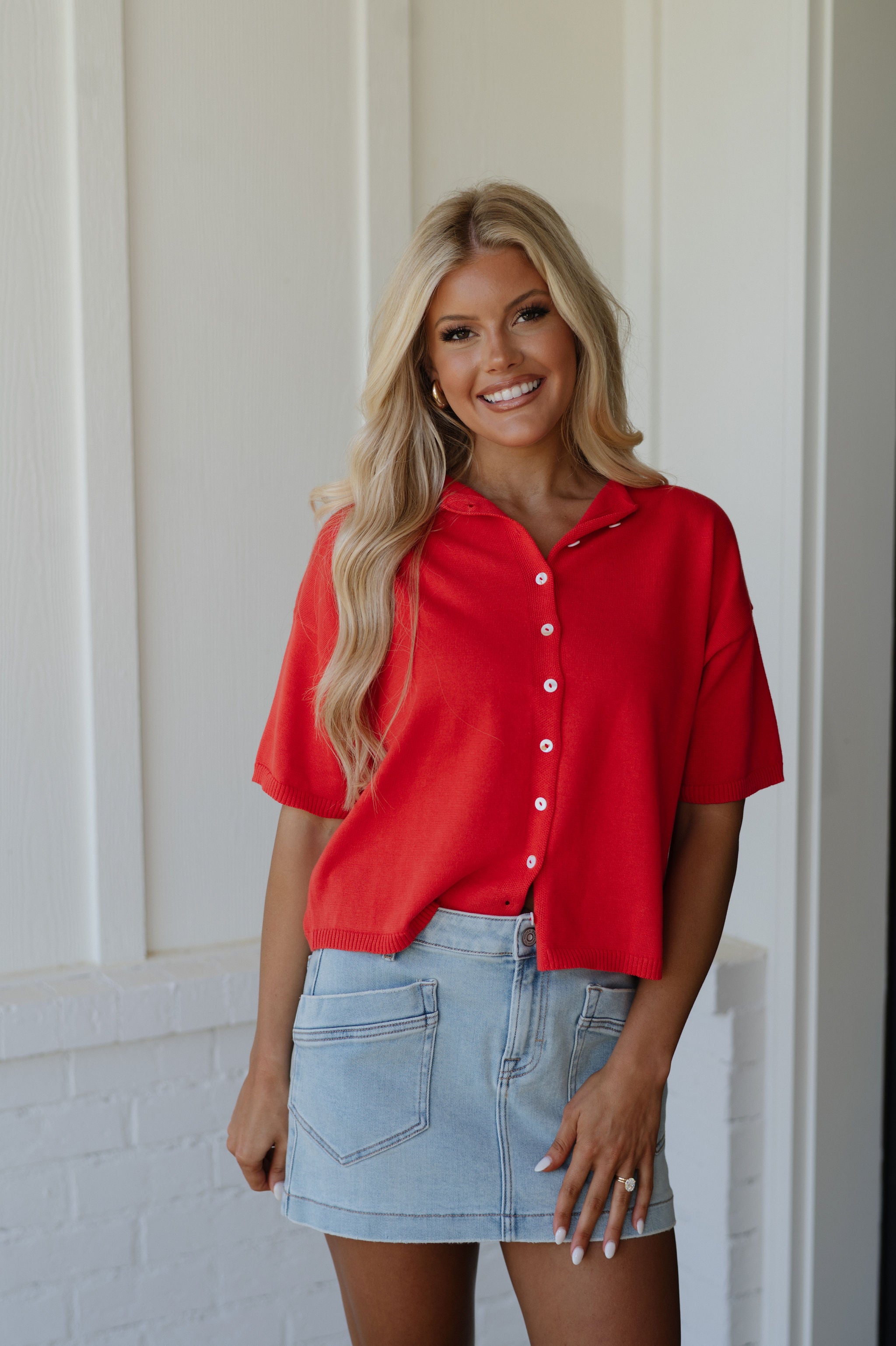 Button Down Knit Top-Red