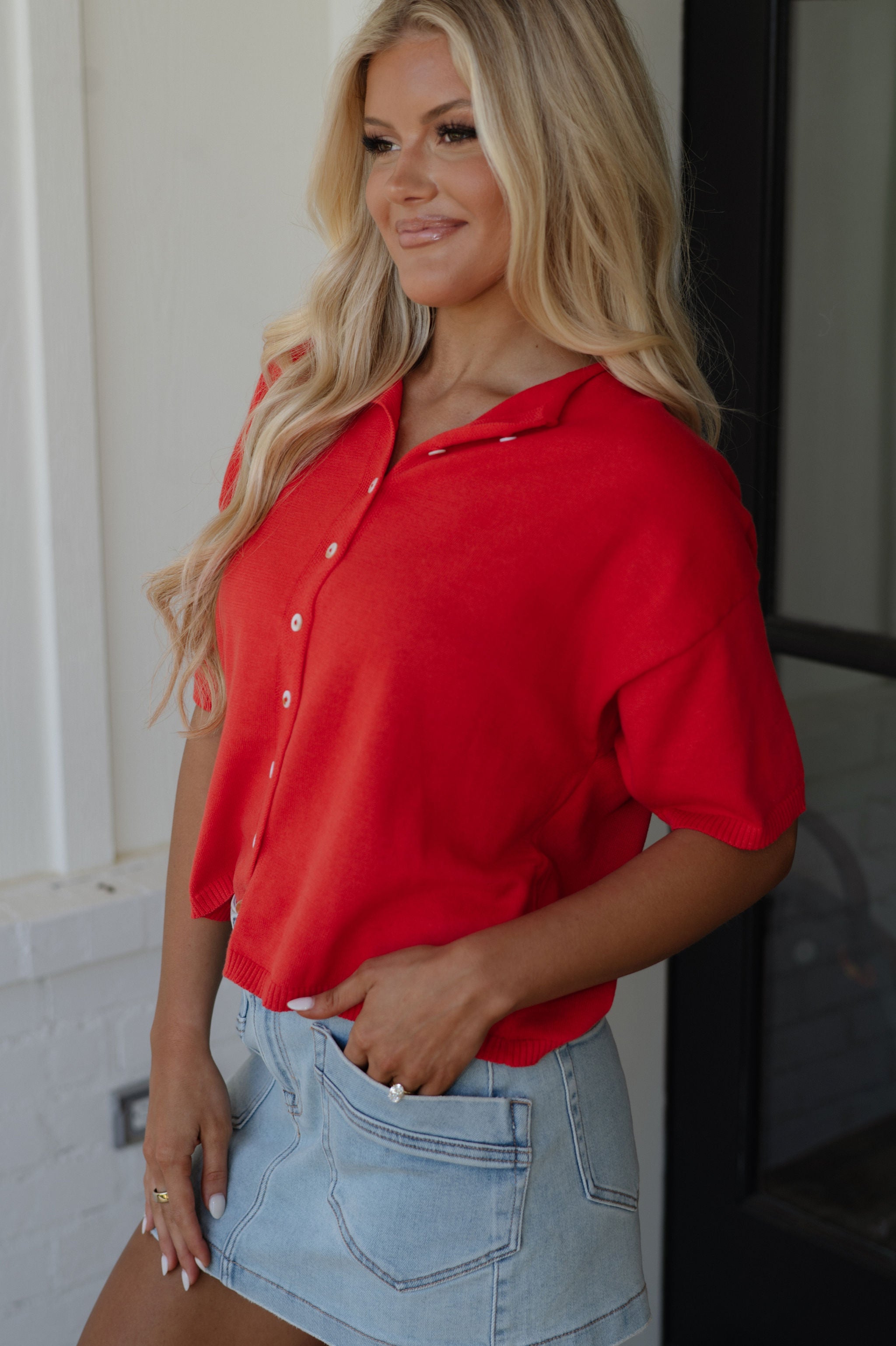 Button Down Knit Top-Red