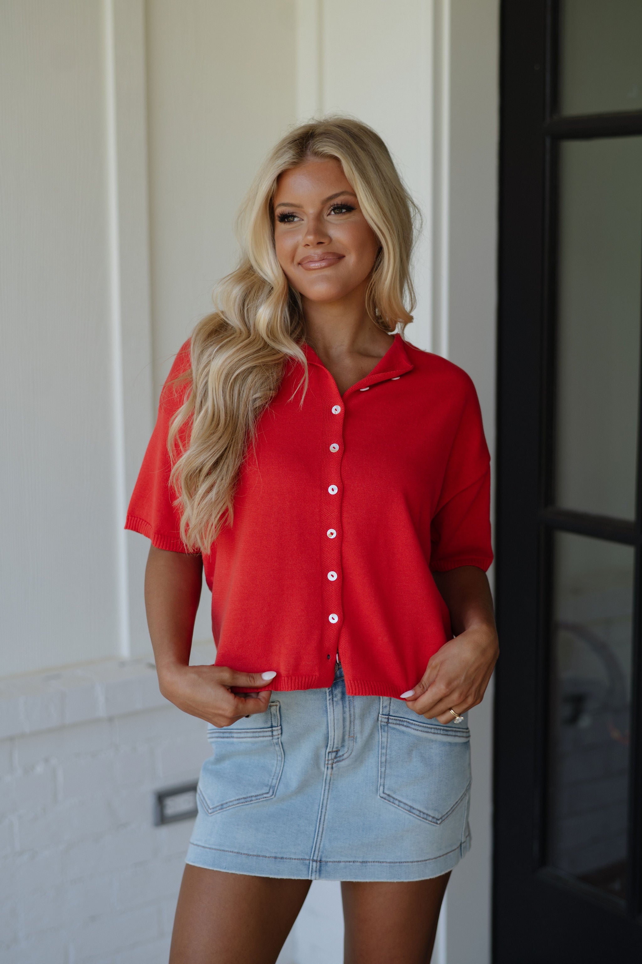 Button Down Knit Top-Red