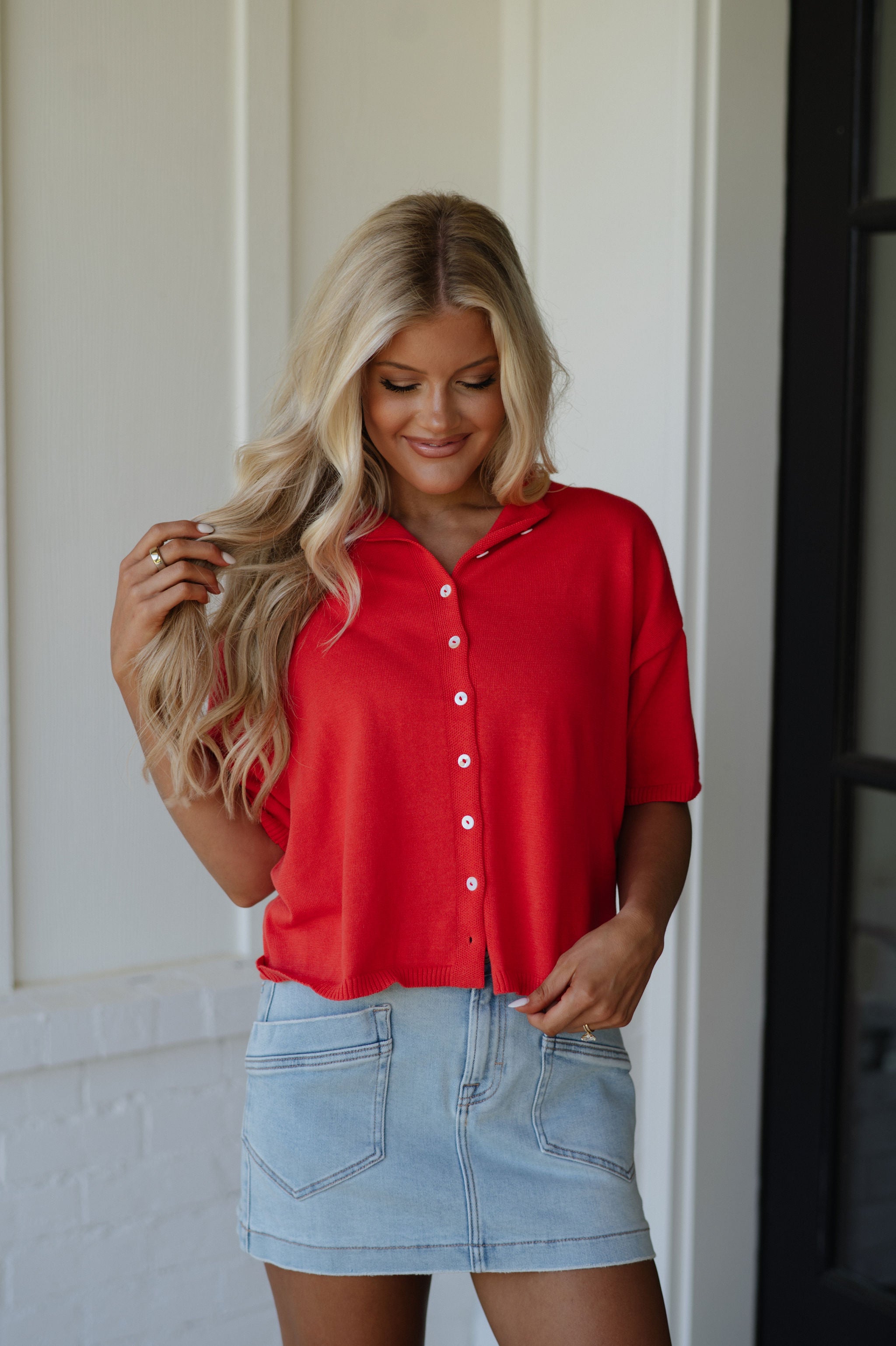 Button Down Knit Top-Red