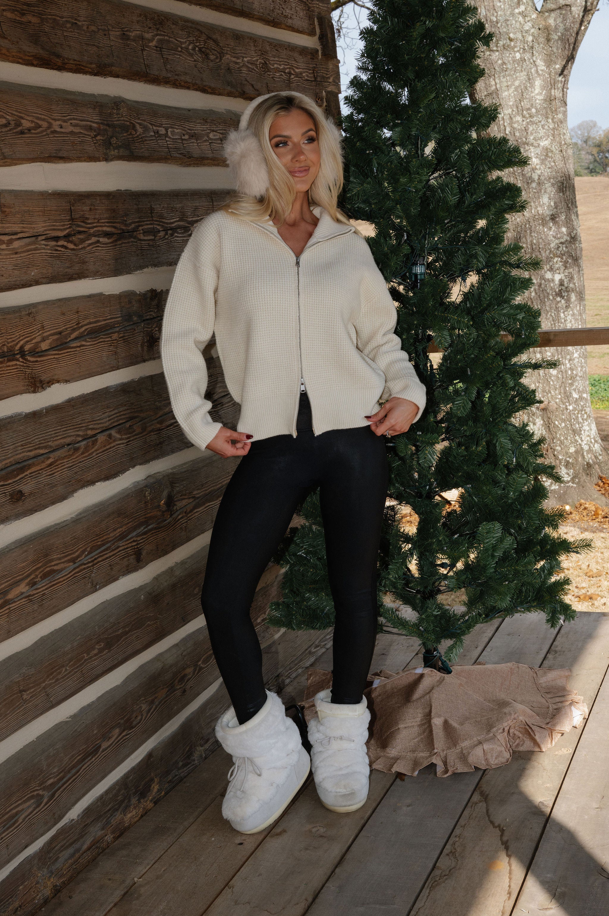 Two Way Waffle Knit Zip Up-Cream