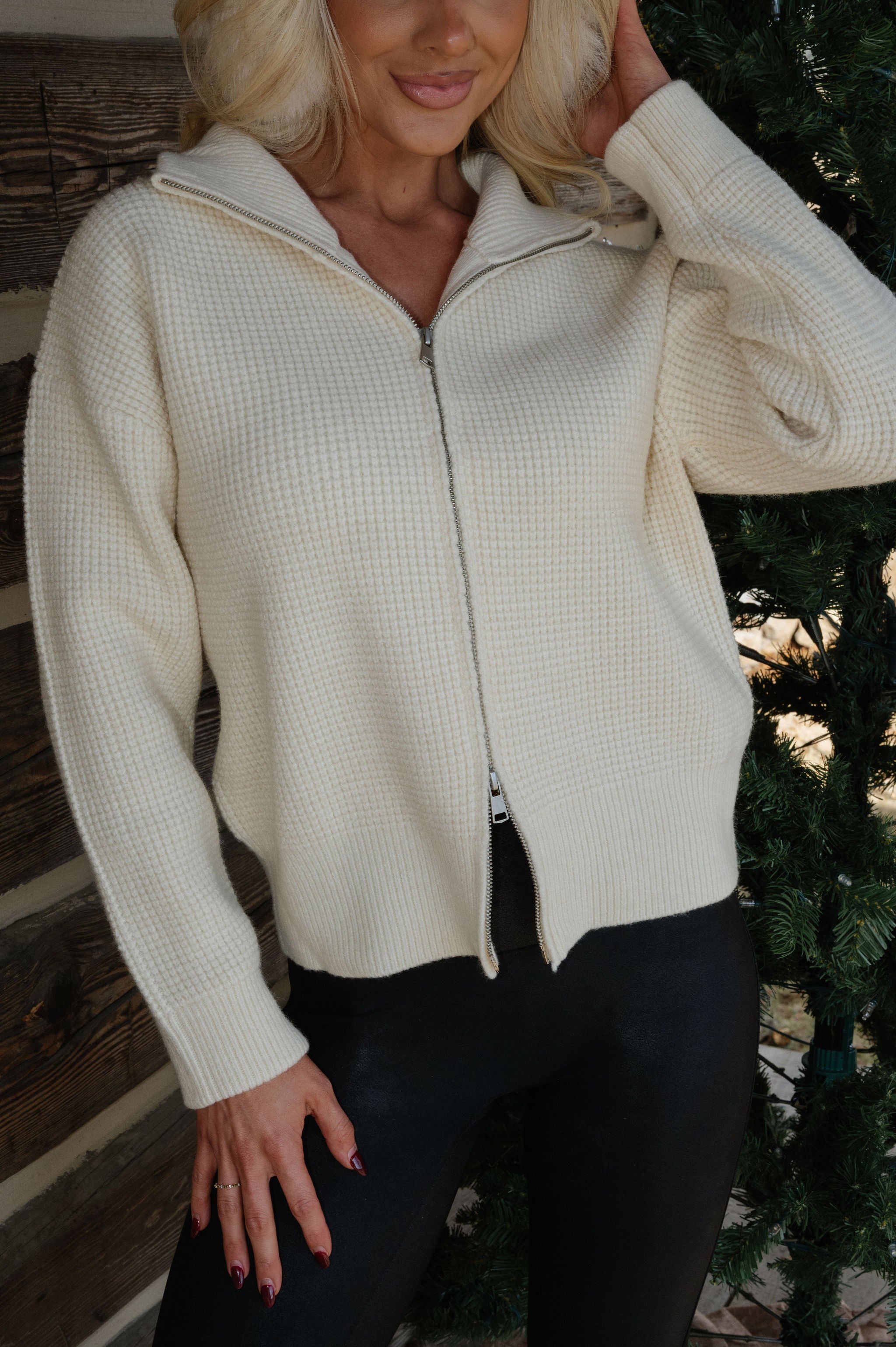 Two Way Waffle Knit Zip Up-Cream