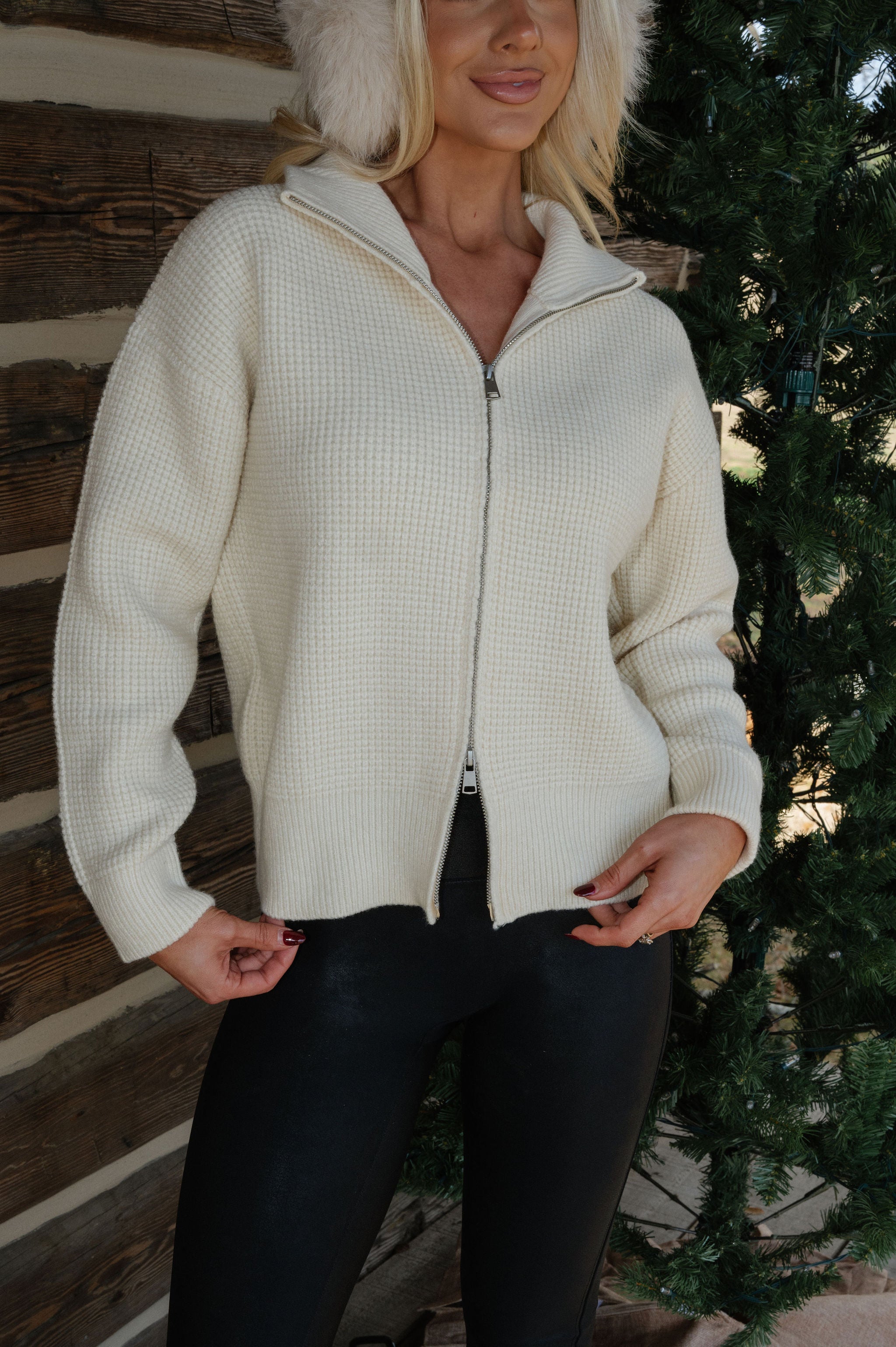 Two Way Waffle Knit Zip Up-Cream