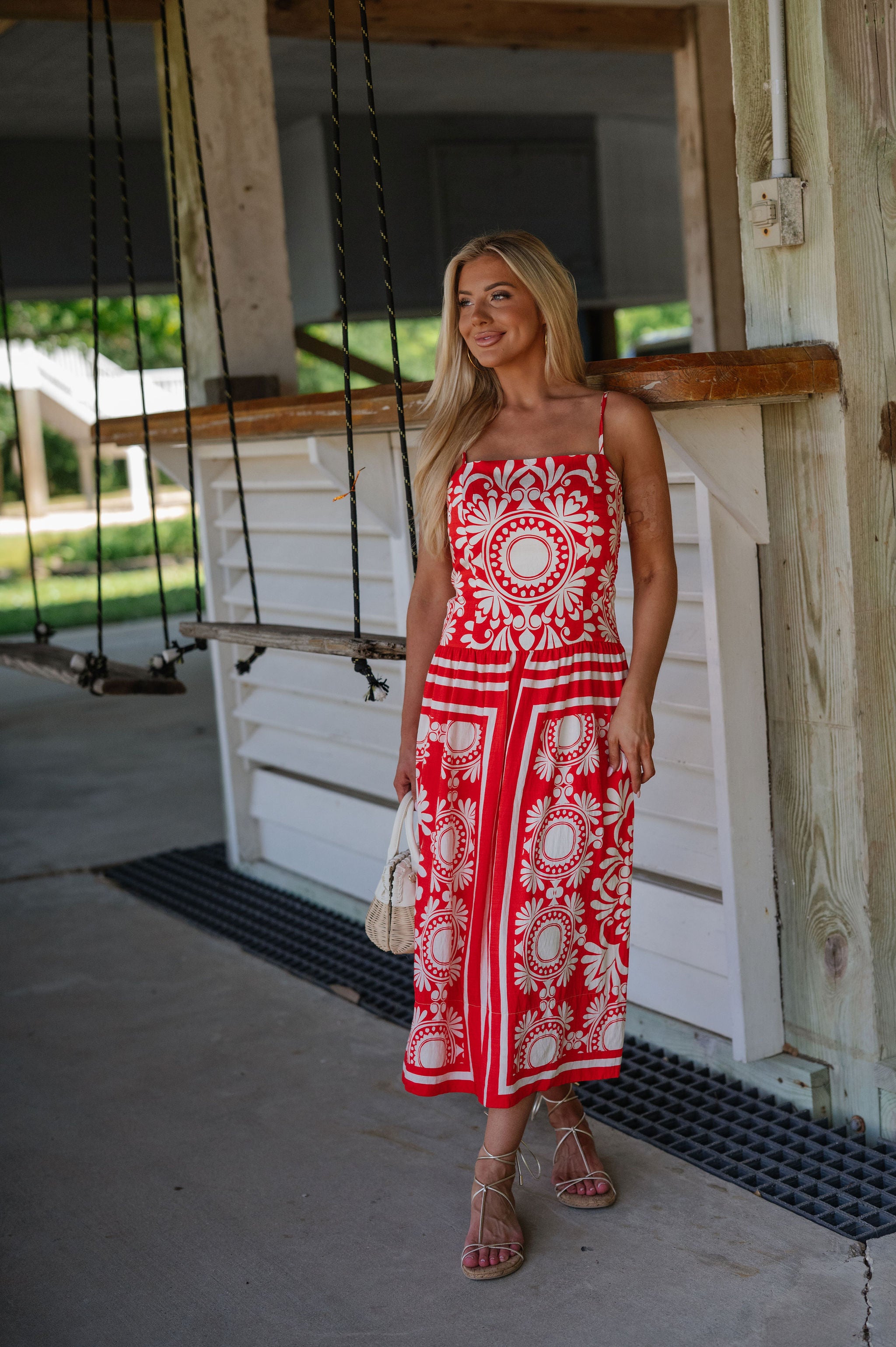 Josephine Midi Dress-Red/Ivory