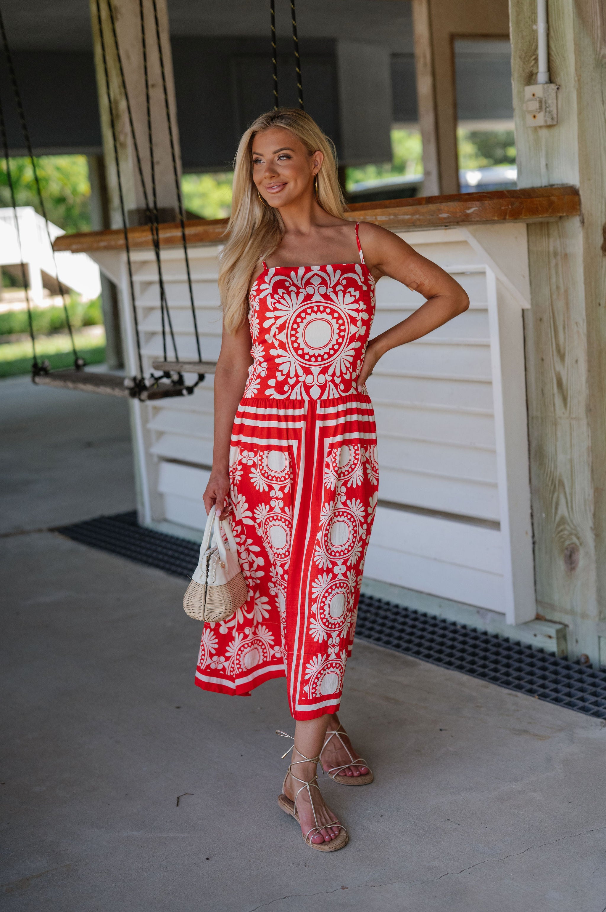 Josephine Midi Dress-Red/Ivory