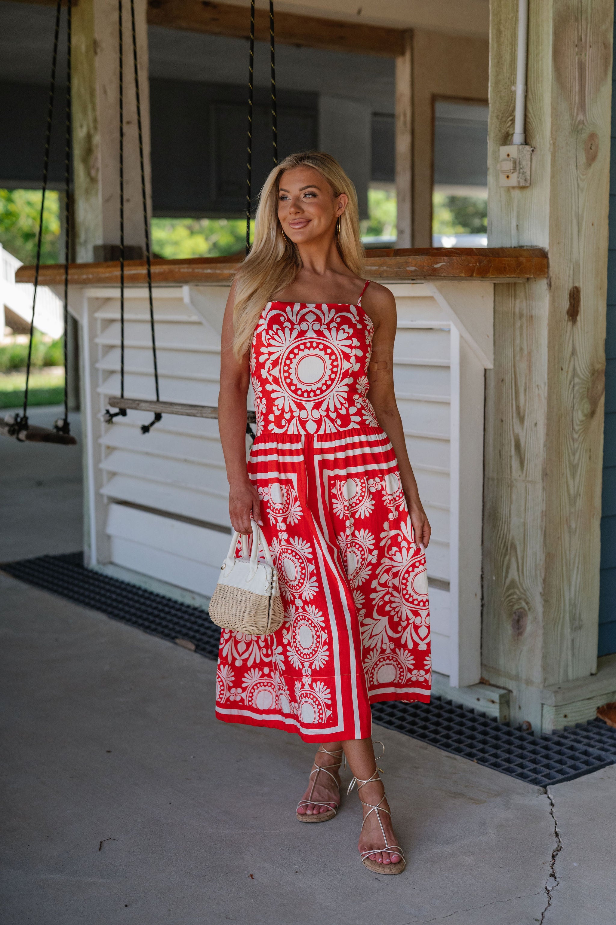 Josephine Midi Dress-Red/Ivory